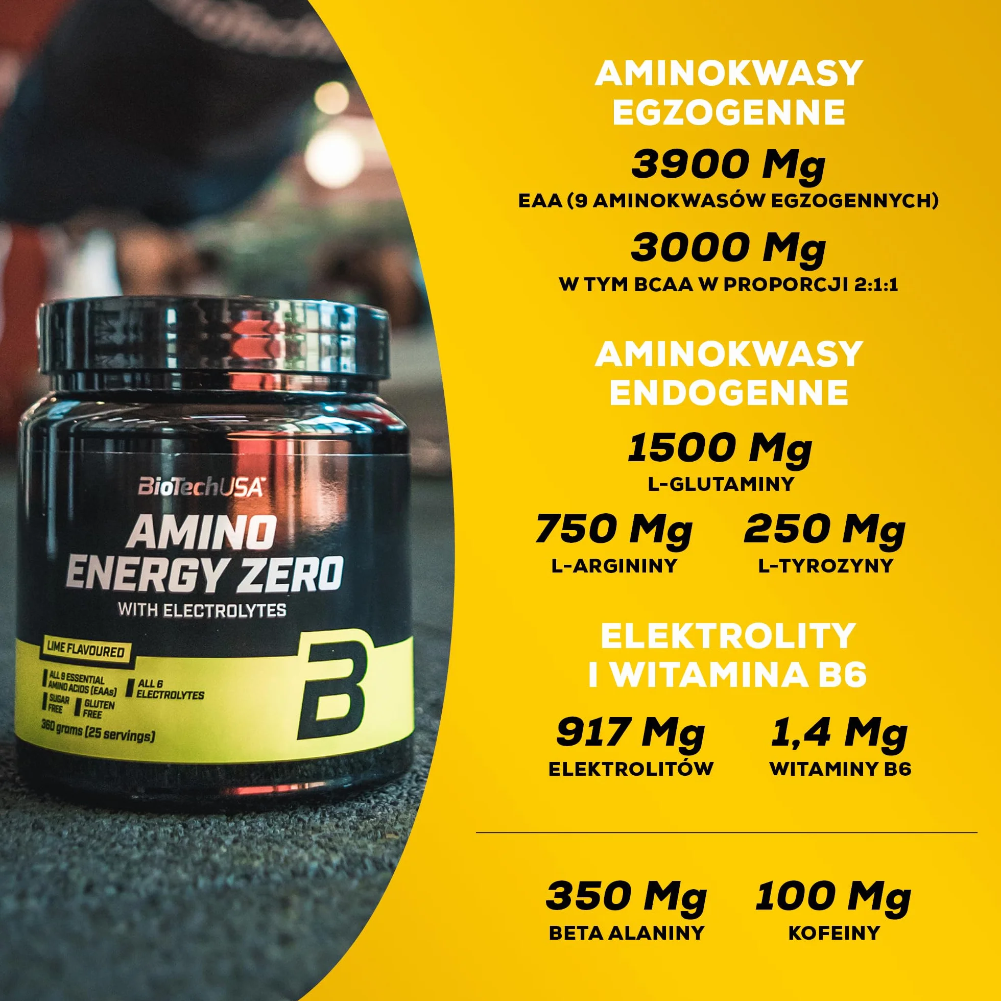 BioTechUSA Amino Energy Zero with Electrolytes | Przedtreningówka | 9 niezbędnych aminokwasów | Kofeina | Bez cukru, bez glutenu, 360 g, Limonkowy