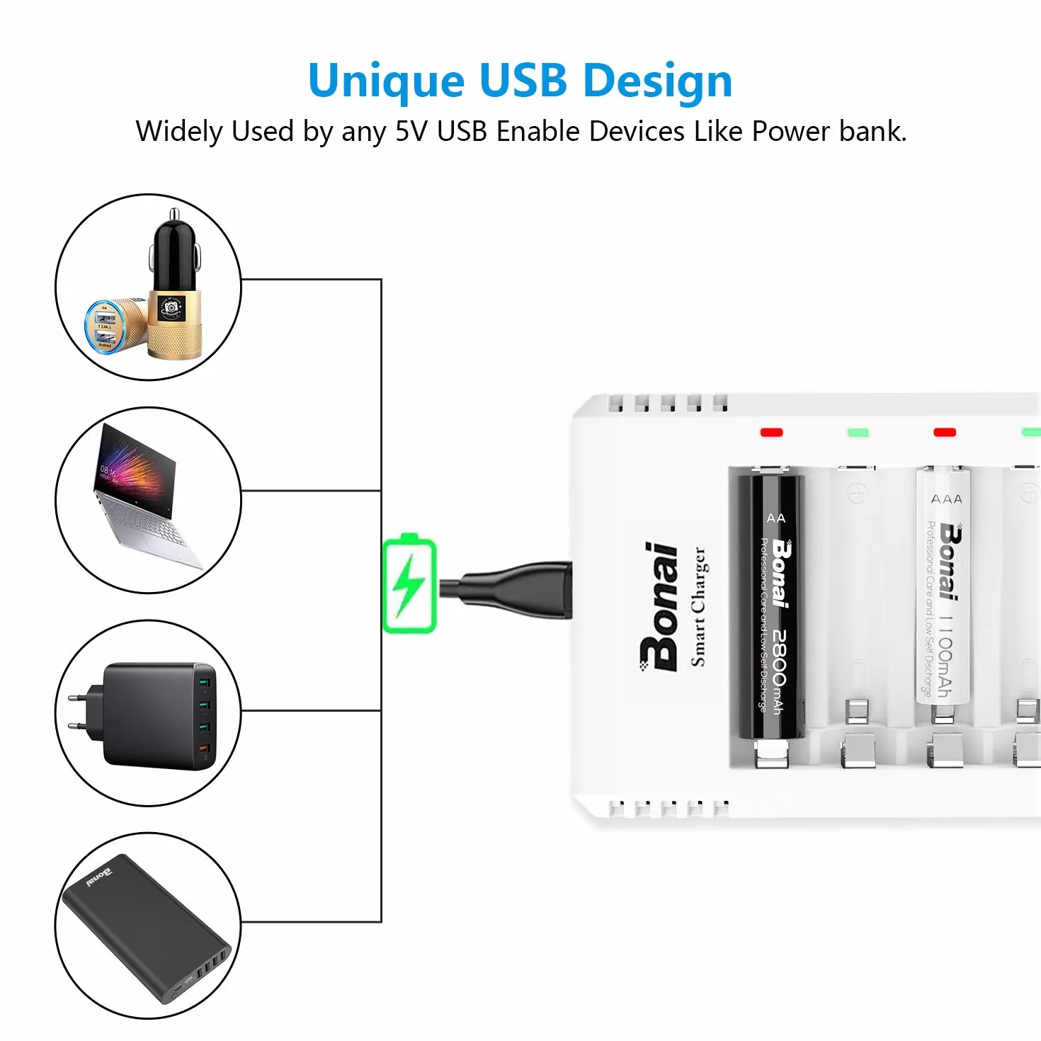 BONAI Akumulatory AAA i 8-gniazdowa ładowarka z kablem USB – Zestaw