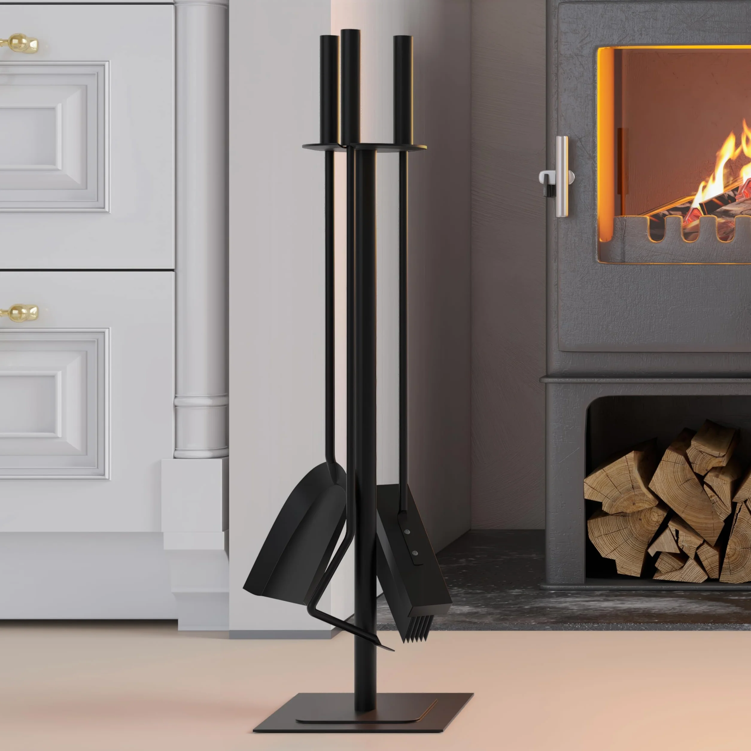 Kingson 4-częściowy zestaw akcesoriów do palnika na drewno ze szczotką, pokerem i łopatą, zestaw do kominka wewnętrznego 15 x 15 x wys. 60 cm