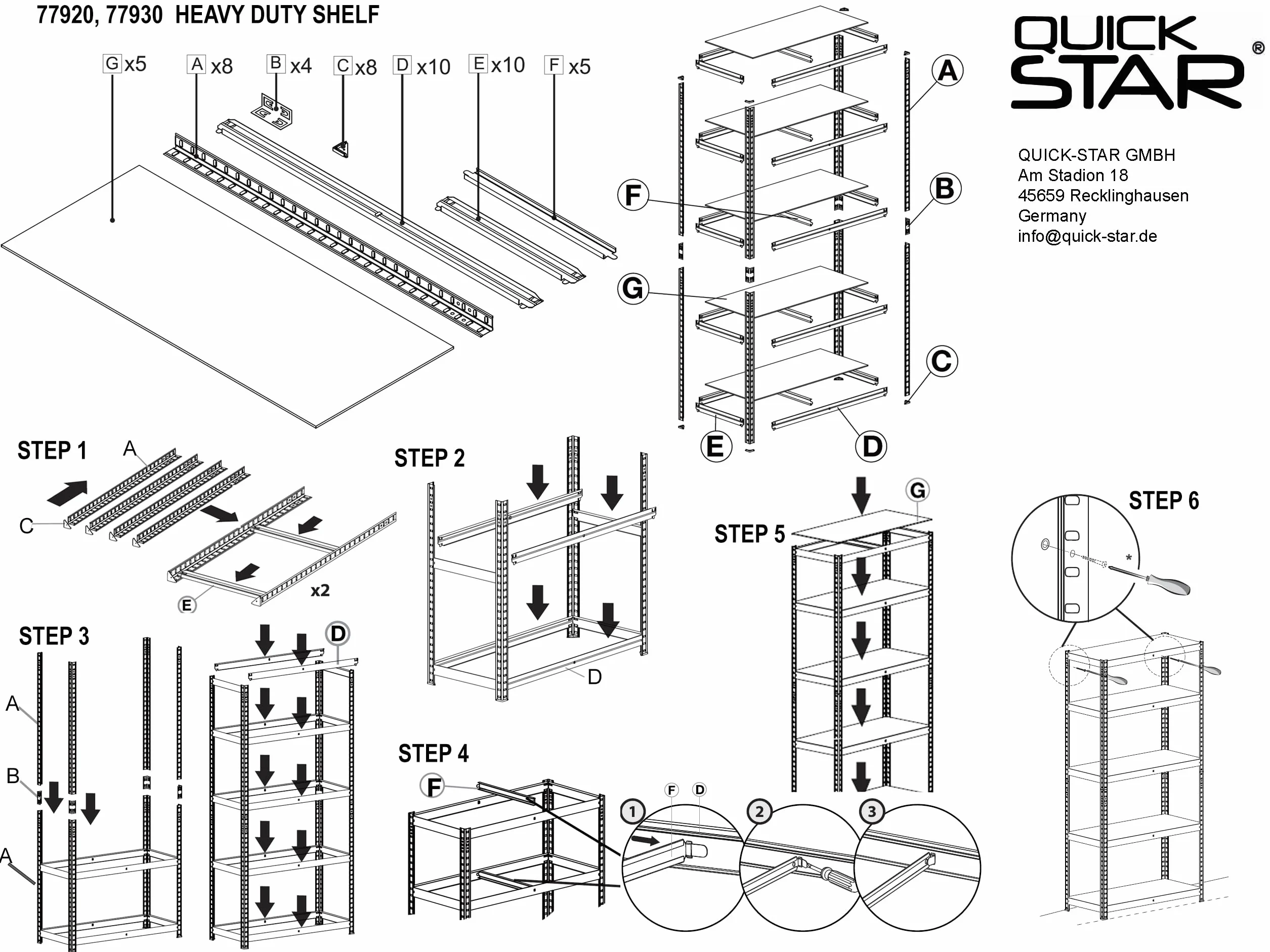 QUICK STAR Rega? magazynowy do du?ych obci??e?, 90 x 45 x 180 cm, 5 pó?ek MDF, ud?wig 1250 kg, system wtykowy, czarny