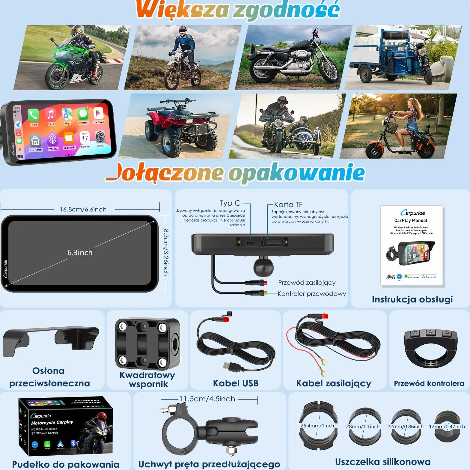 Carpuride W603 Ekran motocyklowy Carplay, Bezprzewodowa funkcja CarPlay i Android Auto dla Moto, Pilot zdalnego sterowania, Wodoodporny ekran dotykowy 6,3 cala, Nawigacja GPS, Siri, Asystent G00gle
