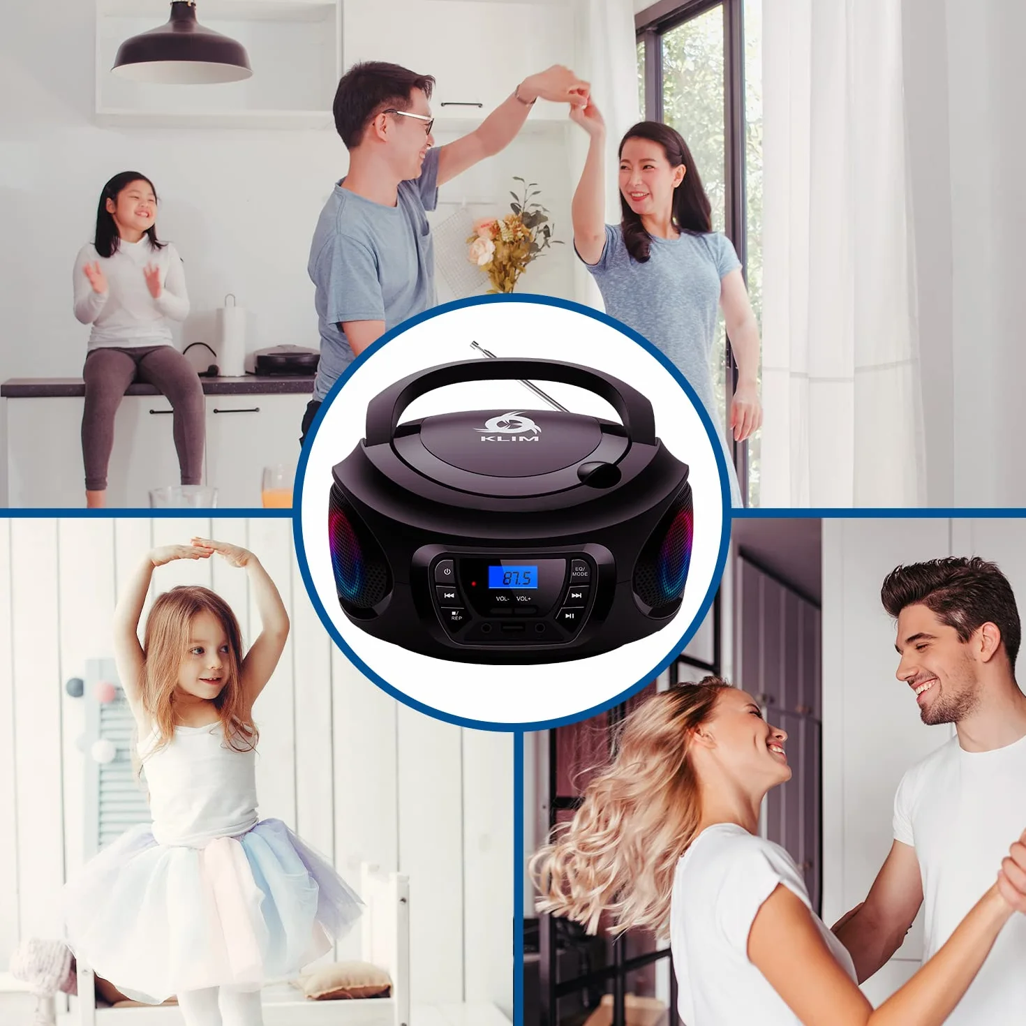 KLIM CD Boombox Portable Audio CD Player - NOWA WERSJA - Radio FM, Akumulator, Bluetooth, MP3 i AUX. Wyposażony w głośniki neodymowe Super Bass, ulepszony obiektyw lasera CD - czarny