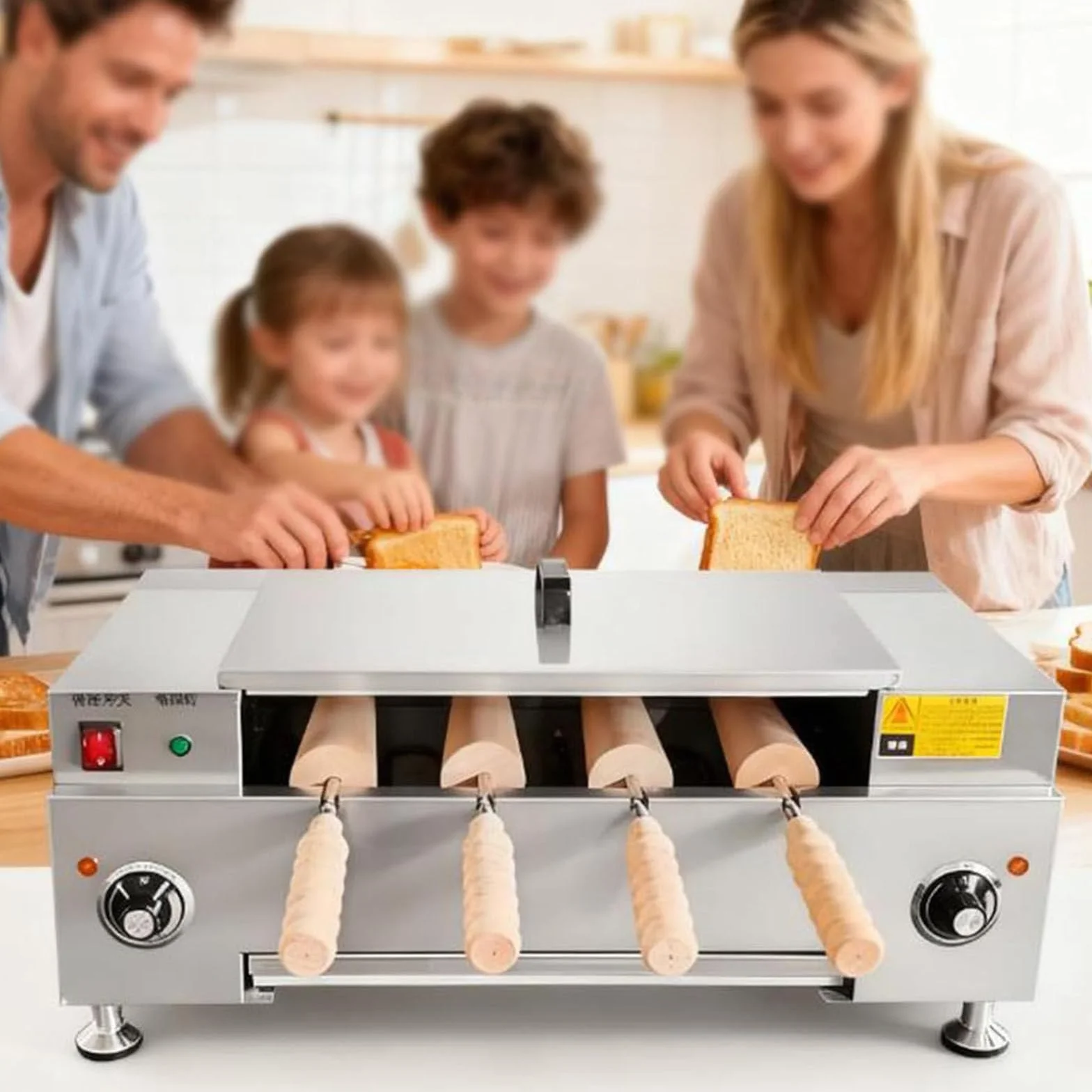 Komercyjny kominowy grill do bułek, elektryczny piec kominowy do bułek o mocy 3000 W, 4 wałki z powłoką zapobiegającą przywieraniu, grill do lodów w rożkach, do użytku domowego i firmowego