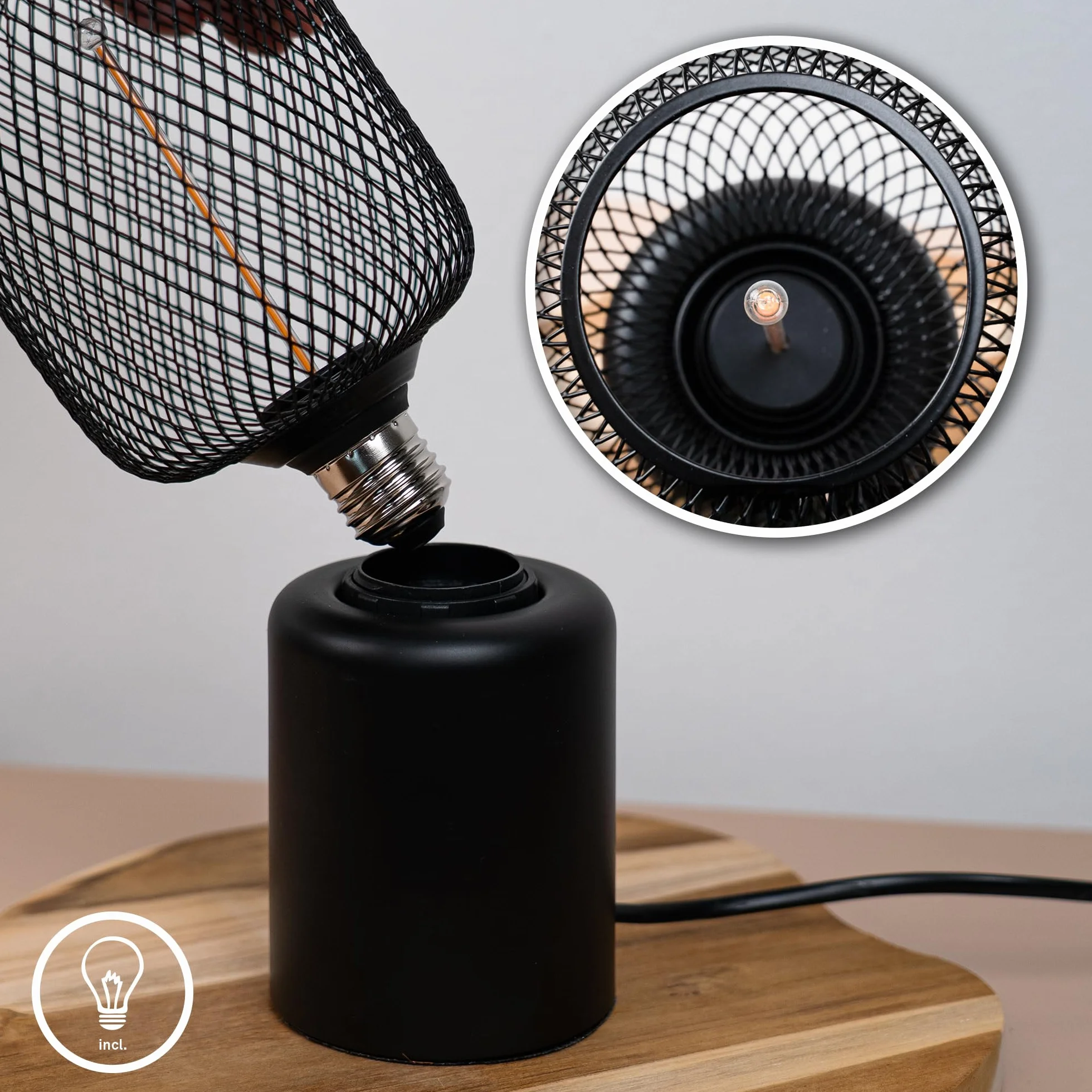 BRILONER - Lampa stołowa z drucianą siatką, przełącznik kablowy, gniazdo E27, lampka nocna, oświetlenie dekoracyjne do przedpokoju lub biura, lampka do czytania, 10x25 cm, czarny