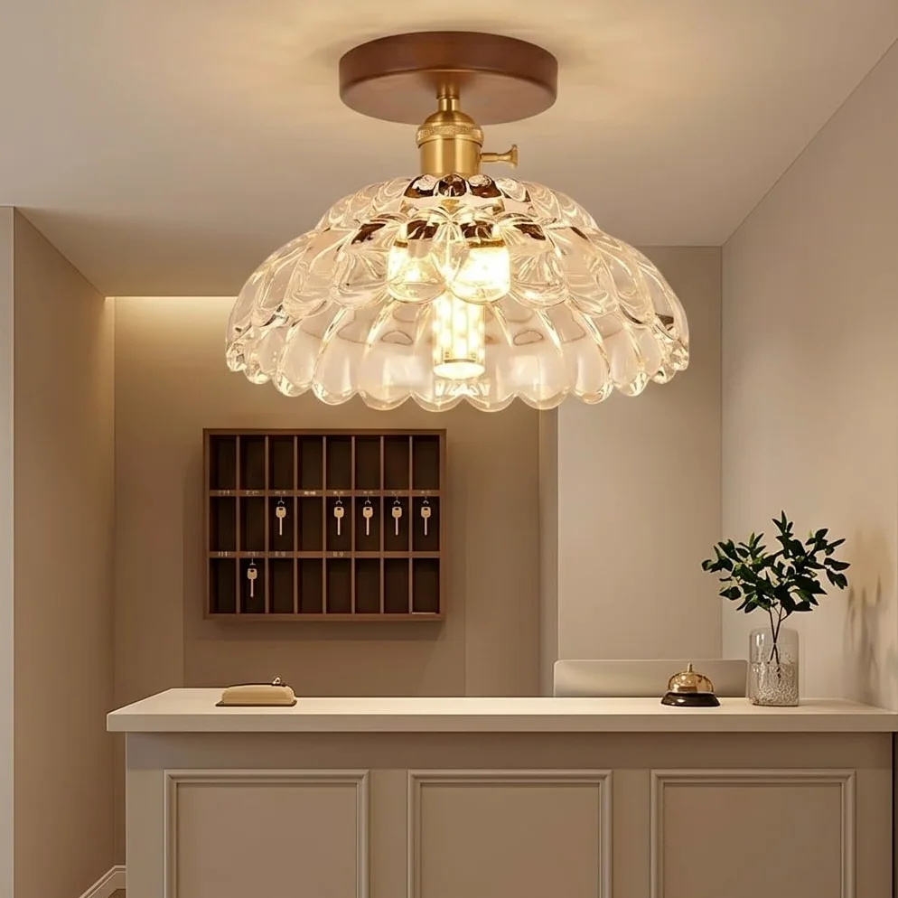 Nowoczesna lampa sufitowa ze szkłem, półwpuszczany żyrandol w stylu vintage, z podstawą z drewna orzechowego, zapiekanka lampa sufitowa z połowy wieku do przedpokoju, przedpokoju, garderoby, sypialni