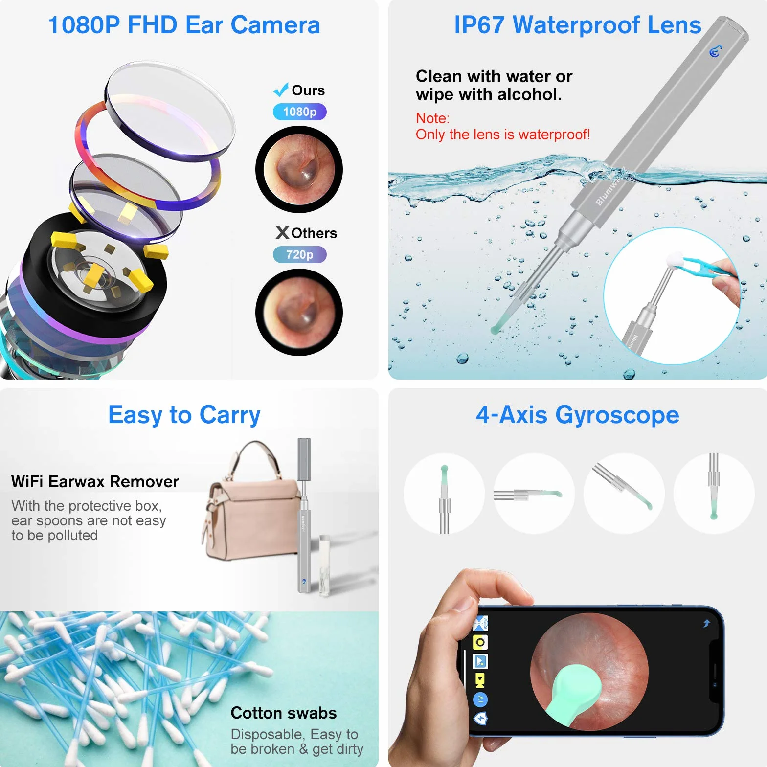 BlumWay WiFi Otoskop 3,5 mm, 1080p HD, endoskop do czyszczenia uszu, aparat z 6 diodami LED, do czyszczenia uszu, dla dzieci, dorosłych, z systemem iOS, Android (szary)