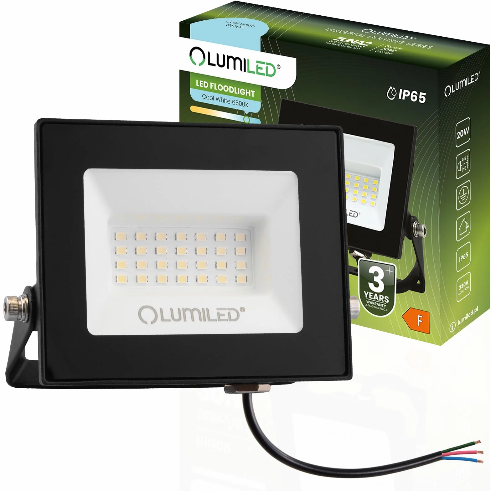 Lumiled Reflektor LED 20 W, super jasny, 1800 lm, reflektor LED, do użytku na zewnątrz, IP65, wodoszczelny, 6500 K, zimna biel, reflektor czarny