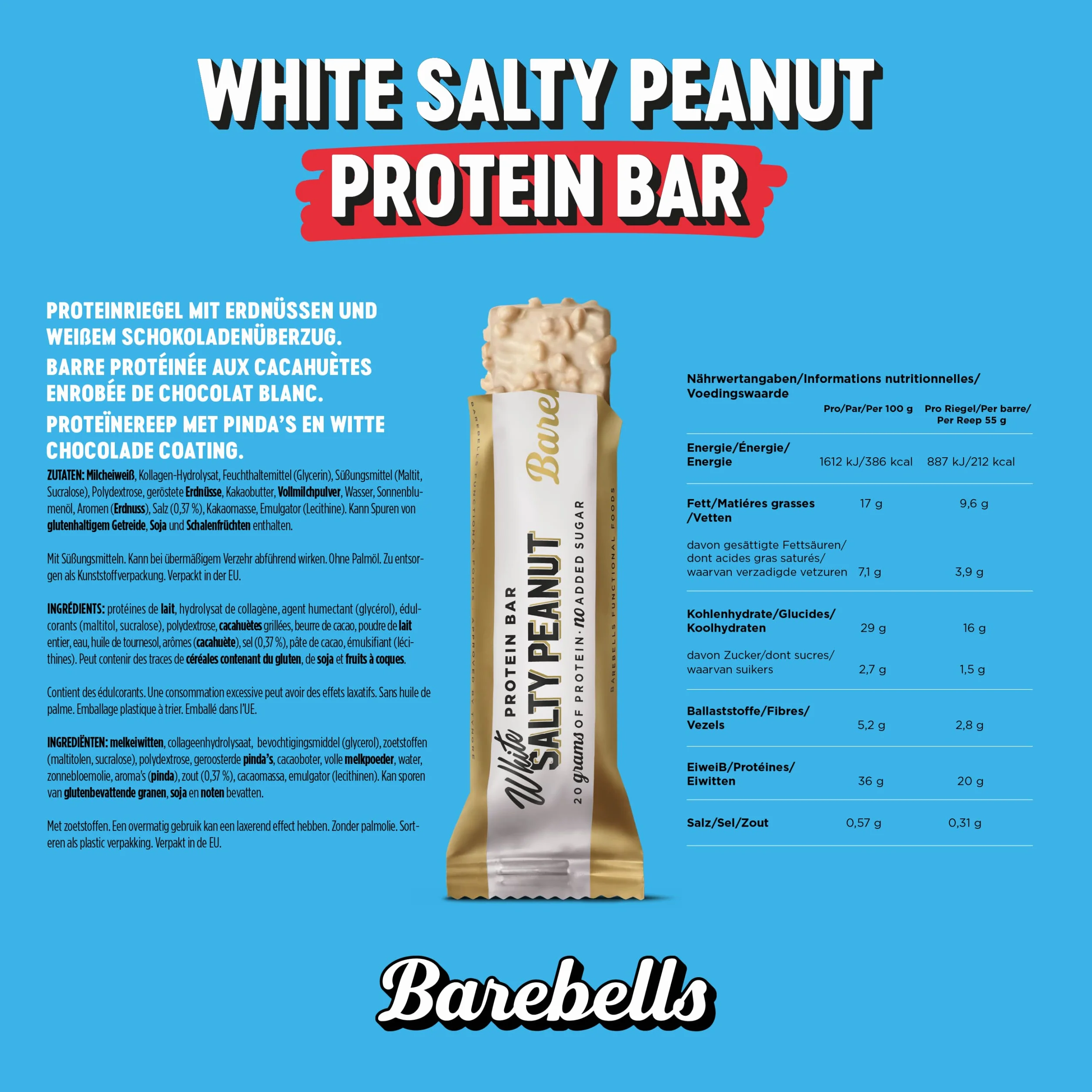 Barebells Batony proteinowe, pyszne batoniki proteinowe z czekoladą, niska zawartość cukru, 20 g białka, bez dodatku oleju palmowego, White Salty Peanut, 12 x 55 g