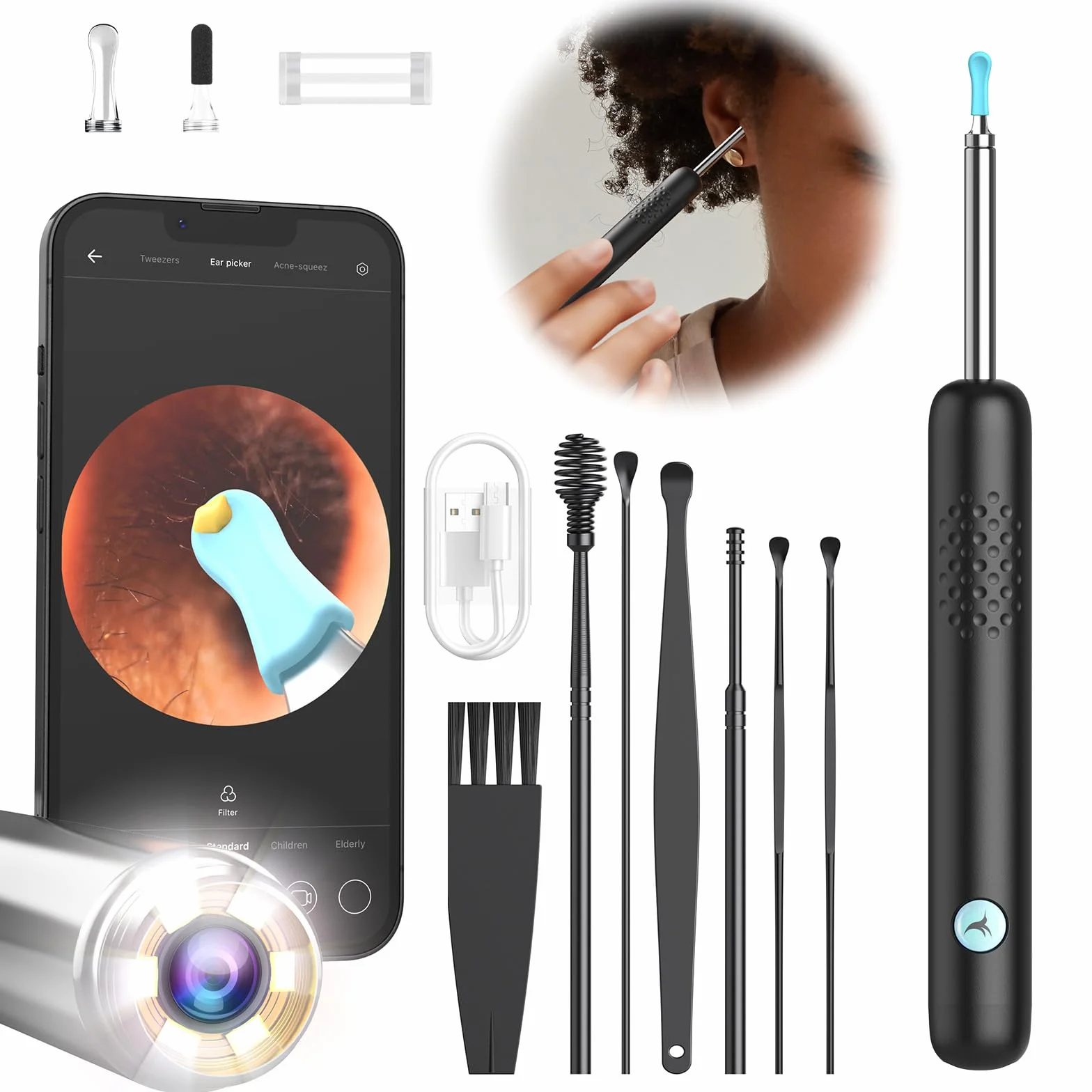 Otoskop do uszu, kamera HD 1080P, endoskopowa kamera 3,5 mm, wodoodporny nettoyng do uszu IP67 z 6 diodami LED, zestaw do czyszczenia uszu WIFI, kompatybilny ze smartfonami i tabletami iOS Android