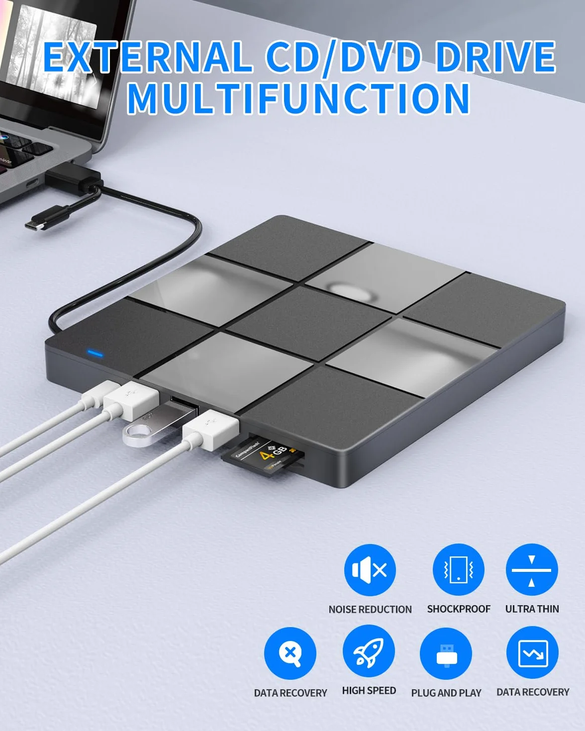 LMEN Zewnętrzna Nagrywarka CD/DVD, Zewnętrzny Napęd CD z USB 3.0 i Type-C, Przenośny Odtwarzacz DVD z Gniazdem kart SD/TF, Kompatybilny z Windows 11/10/8/XP/Linux/Mac OS