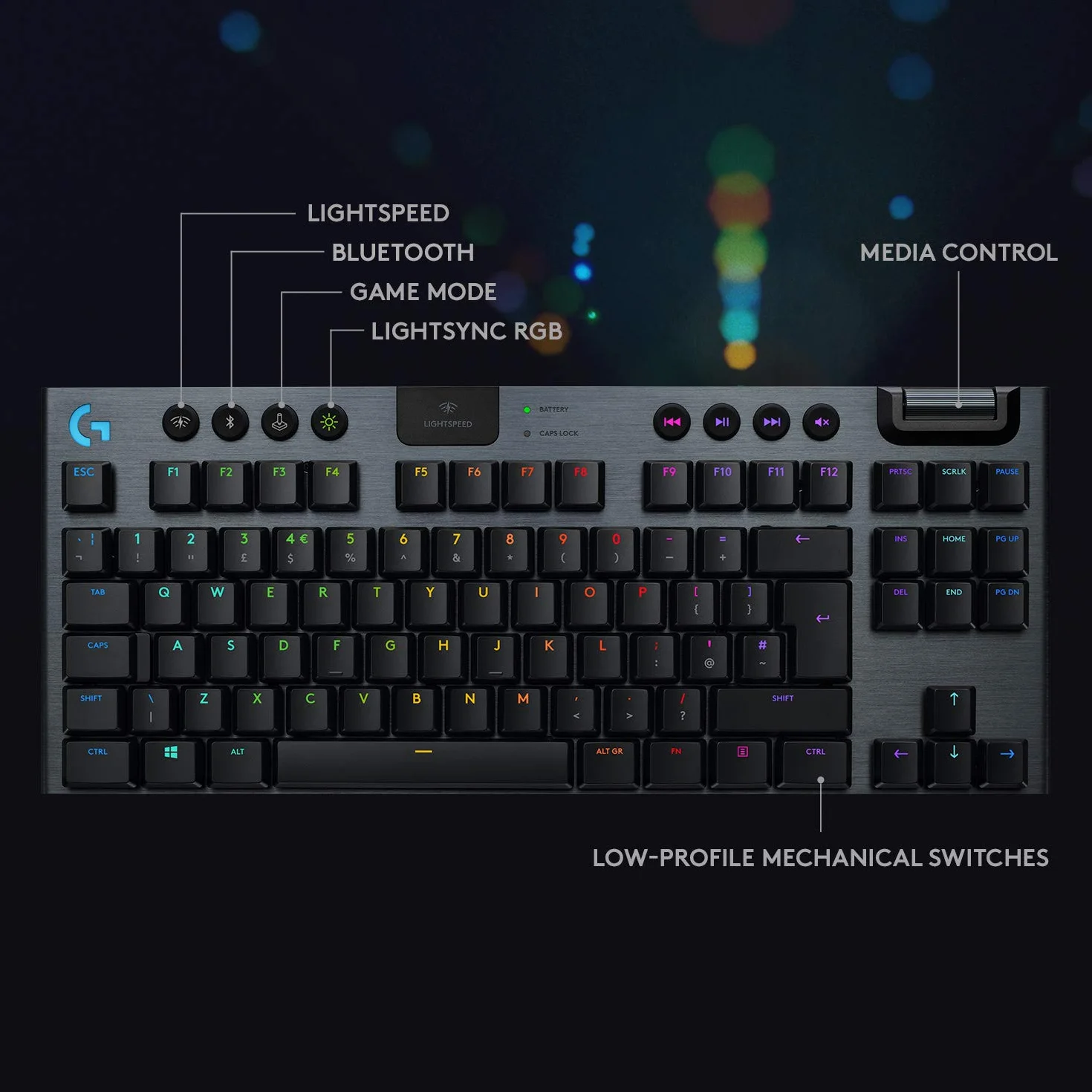 Logitech G 915 TKL Tenkeyless Lightspeed Wireless RGB Mechanical Gaming Keyboard, Przełączniki liniowe Niskoprofilowe Opcje przełącznika, LIGHTSYNC RGB, zaawansowane Wireless i Bluetooth Support -