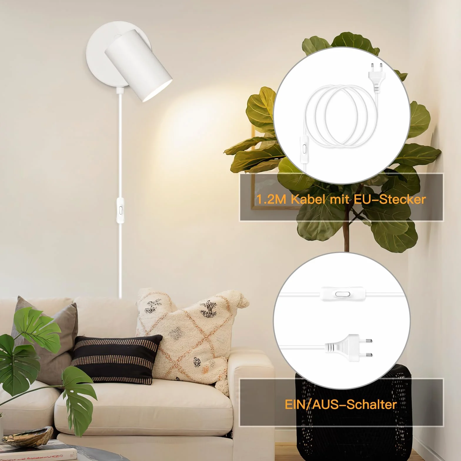 Lampa ścienna z przełącznikiem wewnętrznym GU10 – lampa ścienna z przełącznikiem i wtyczką, biała, reflektor ścienny w stylu vintage, obrotowy o 350°, do salonu, sypialni, korytarza, bez źródła