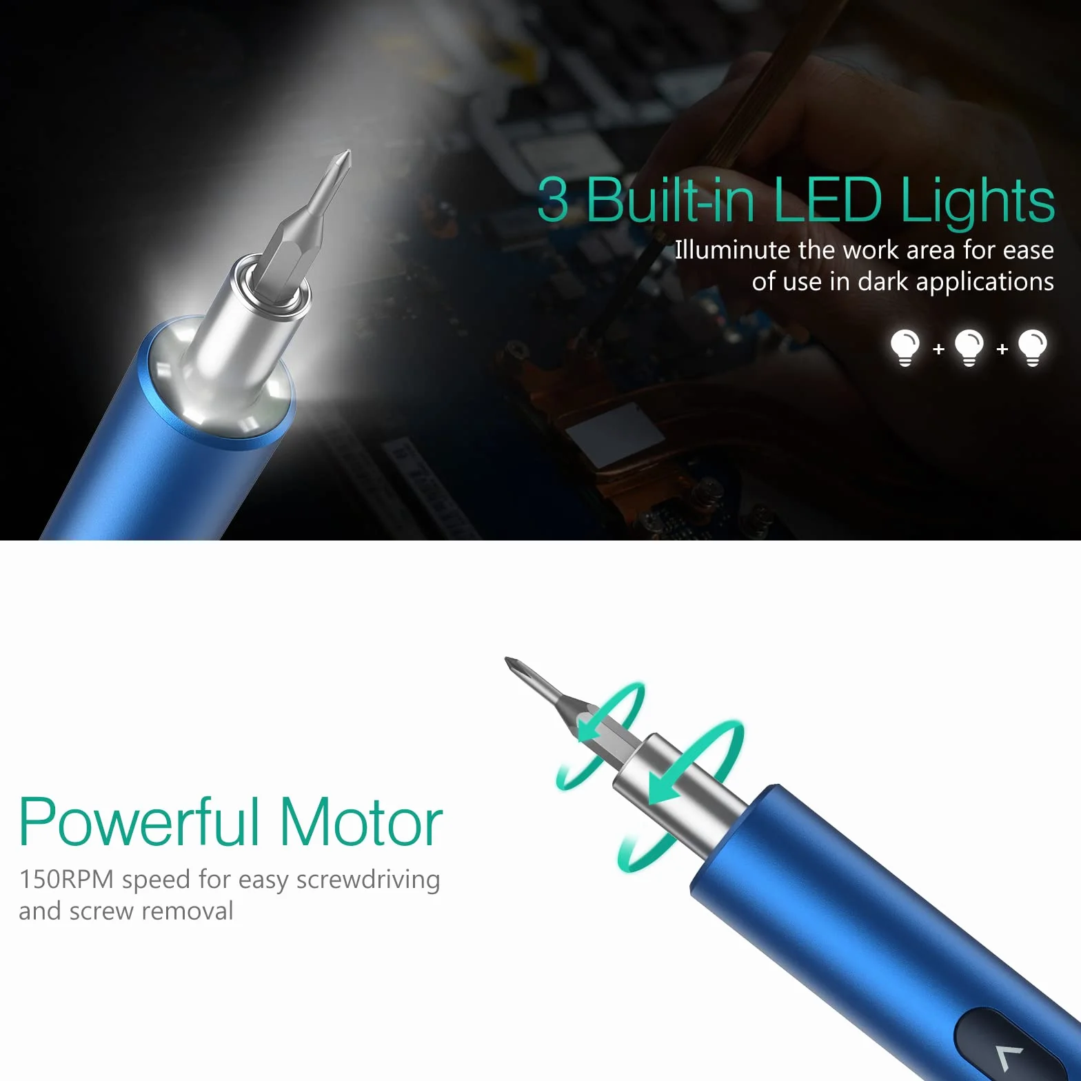 ORIA Wkrętak elektryczny, mini śrubokręt bezprzewodowy 28 w 1 z 3 diodami LED, precyzyjny zestaw narzędzi naprawczych z ładowaniem typu C, magnesem do smartfonów, zabawek, zegara, aparatu, niebieski