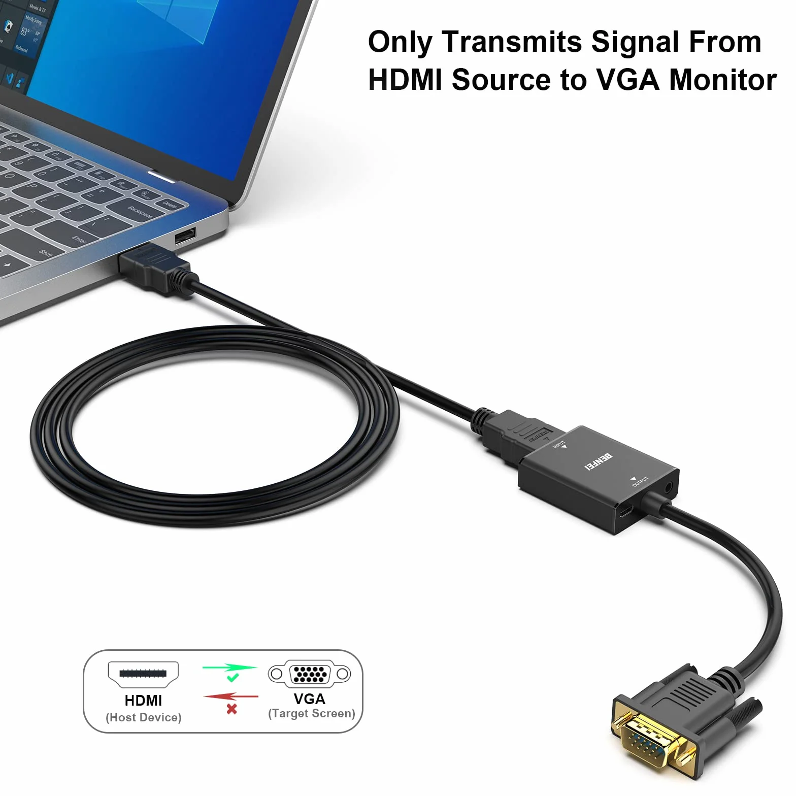 BENFEI Adapter HDMI na VGA, żeńskie wejście HDMI na męski adapter wyjścia VGA z gniazdem audio 3,5 mm, kompatybilny z TV Stick, komputerem, laptopem, monitorem, projektorem, Raspberry Pi, Roku, Xbox i