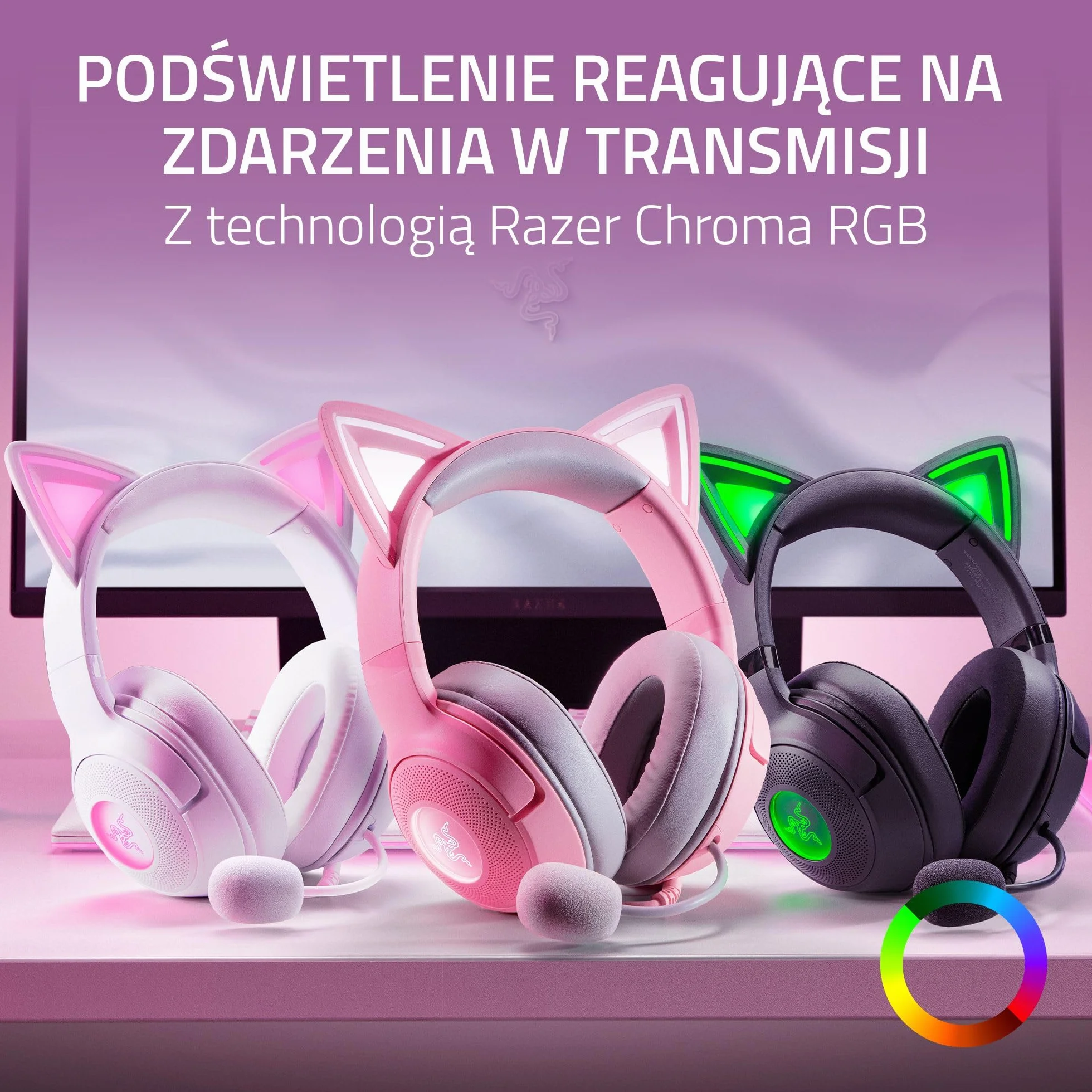 Razer Kraken Kitty V2 - Przewodowy zestaw słuchawkowy RGB z kocimi uszami (oświetlenie reaktywne Stream, HyperClear Micro Cardioid, Przetworniki Triforce 40mm, 7.1 dźwięk przestrzenny) Czarny