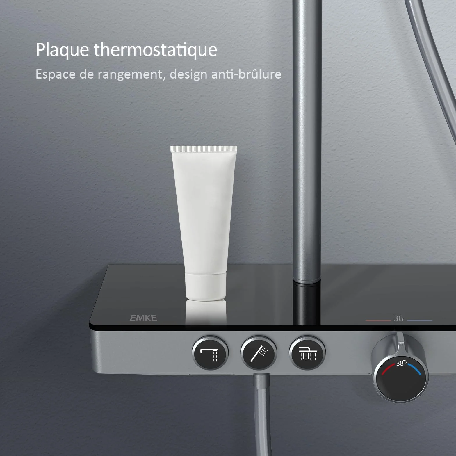 EMKE Termostatyczna kolumna prysznicowa, antracytowa matowa, z termostatycznym prysznicem i prysznicem ręcznym, 3 tryby strumienia, panel termostatyczny 36 cm, prysznic deszczowy 30 cm, certyfikat KTW