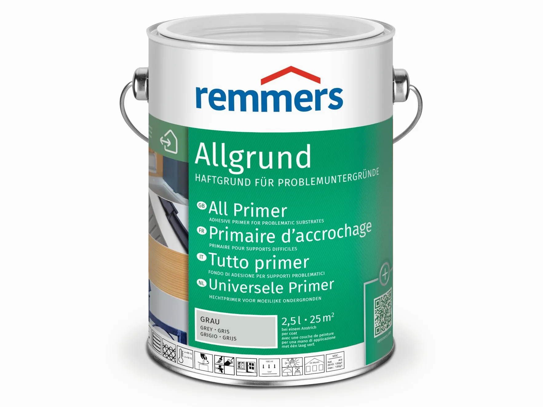 Remmers Allgrund, szary, 2,5 litra, podkład samoprzylepny do metalu, twardego tworzywa sztucznego, drewna, z ochroną przed rdzą i izolujący przed substancjami składowymi drewna, wewnątrz i na zewnątrz