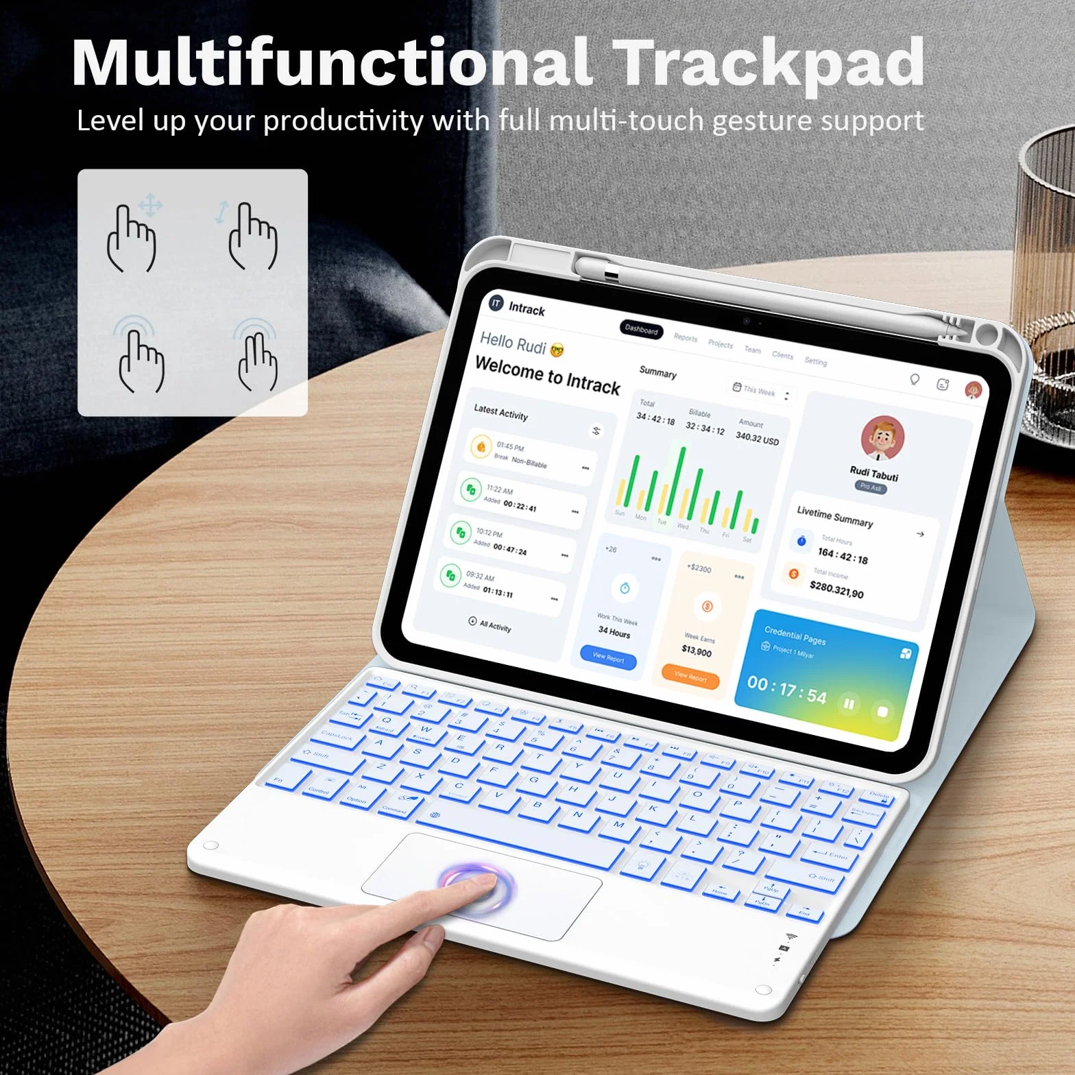 MoKo iPad 11th/10th Generation Case with Keyboard 2025/2024, 7 Colors Backlight & Multi-Touch Trackpad, Detachable Keyboard Folio Stand Cover with Pencil Holder, Sky Blue