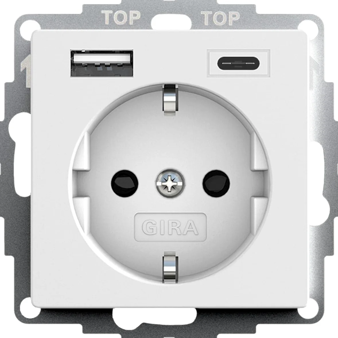 Gira 245927 gniazdko Schuko, złącze USB, ochrona przed dotykiem, 2-krotne, typ A (maks. 2,4 A), typ C (maks. 3 A), system 55, czysta biel, matowe, podtynkowe
