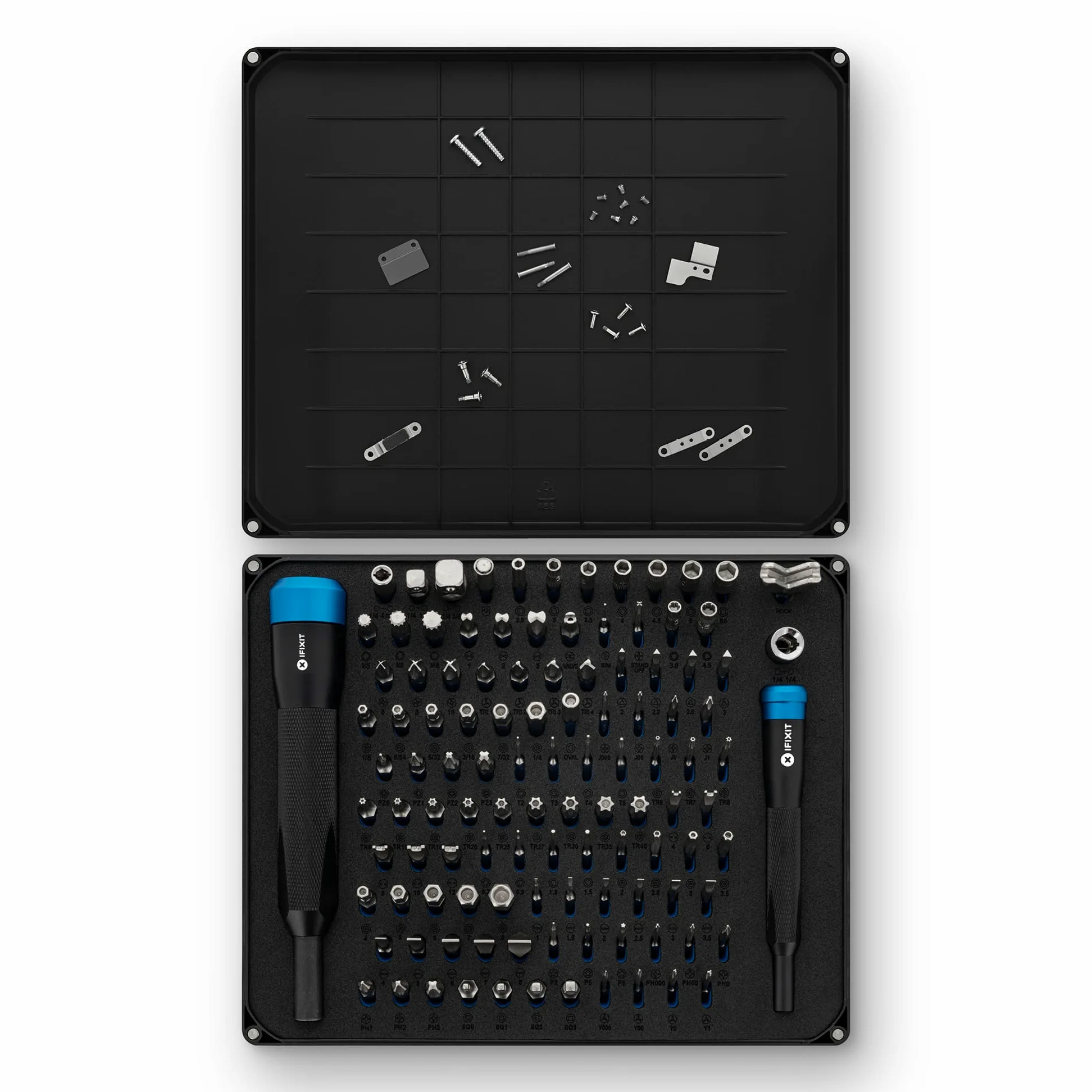 iFixit Manta Precision Bit Set, Zestaw bitów z 2 śrubokrętami i 112 bitami: mini bity (4 mm) dla elektroników i bity standardowe 1/4 cala