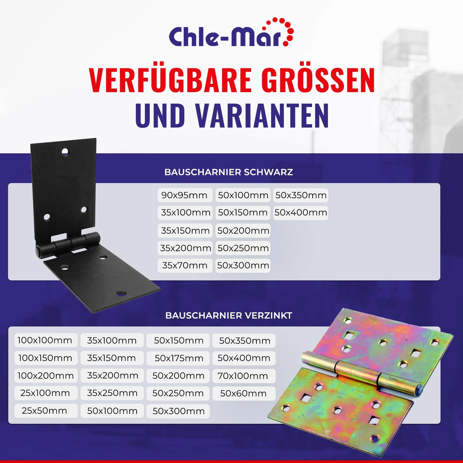 Chle-Mar – 10x Czarny zawias budowlany 35x200mm | Wytrzymały zawias drzwiowy do mebli i drzwi drewnianych | Zawias do skrzyń i szafek | Odporny na warunki atmosferyczne - do wnętrz i na zewnątrz