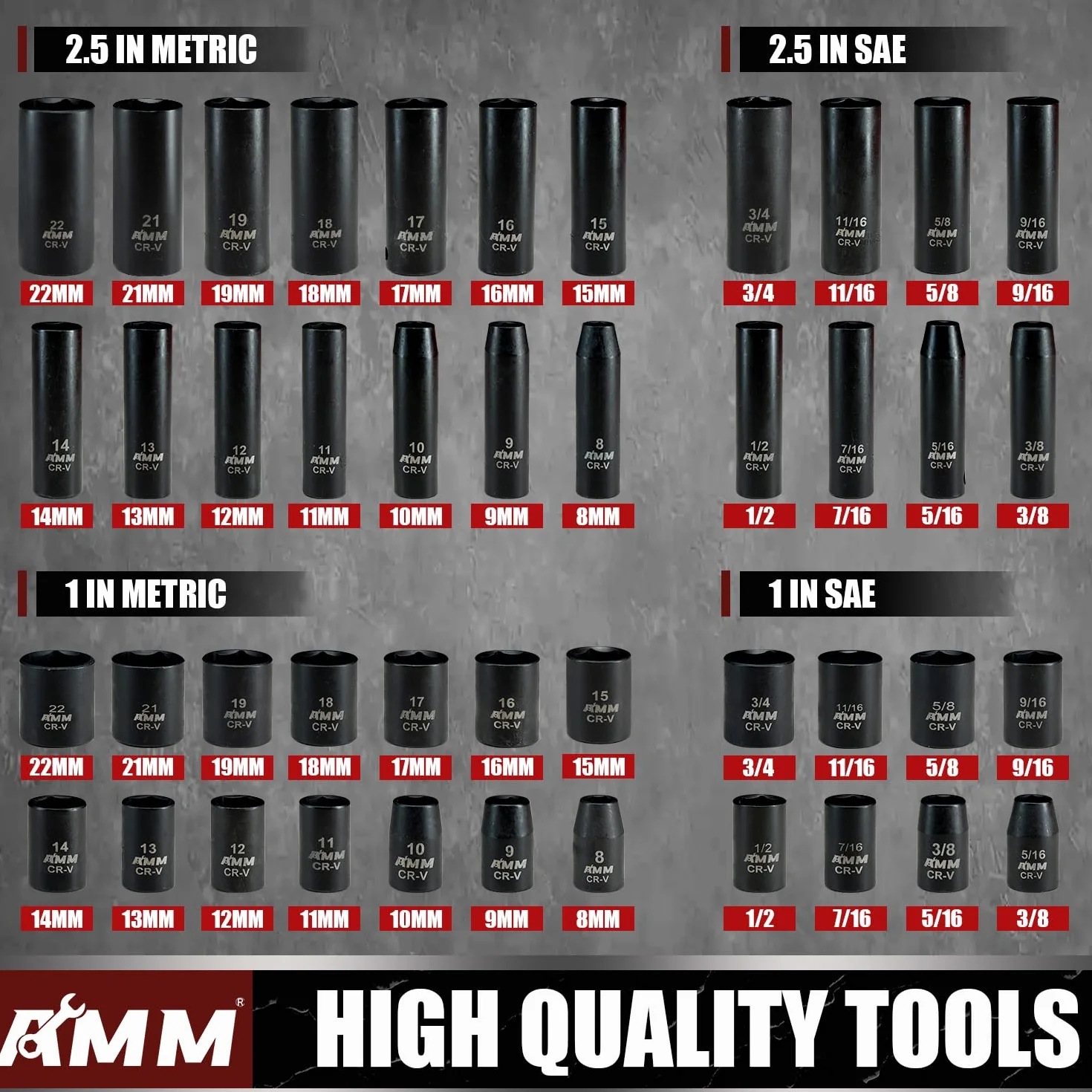 AMM Zestaw nasadek udarowych 3/8”, 48 szt., standard SAE (5/16 do 3/4”), rozmiar metryczny (8–22 mm), drążek przedłużający 7,6 i 15,2 cm, uniwersalne złącze udarowe, adapter udarowy 3/8 do 1/2”, CR-V