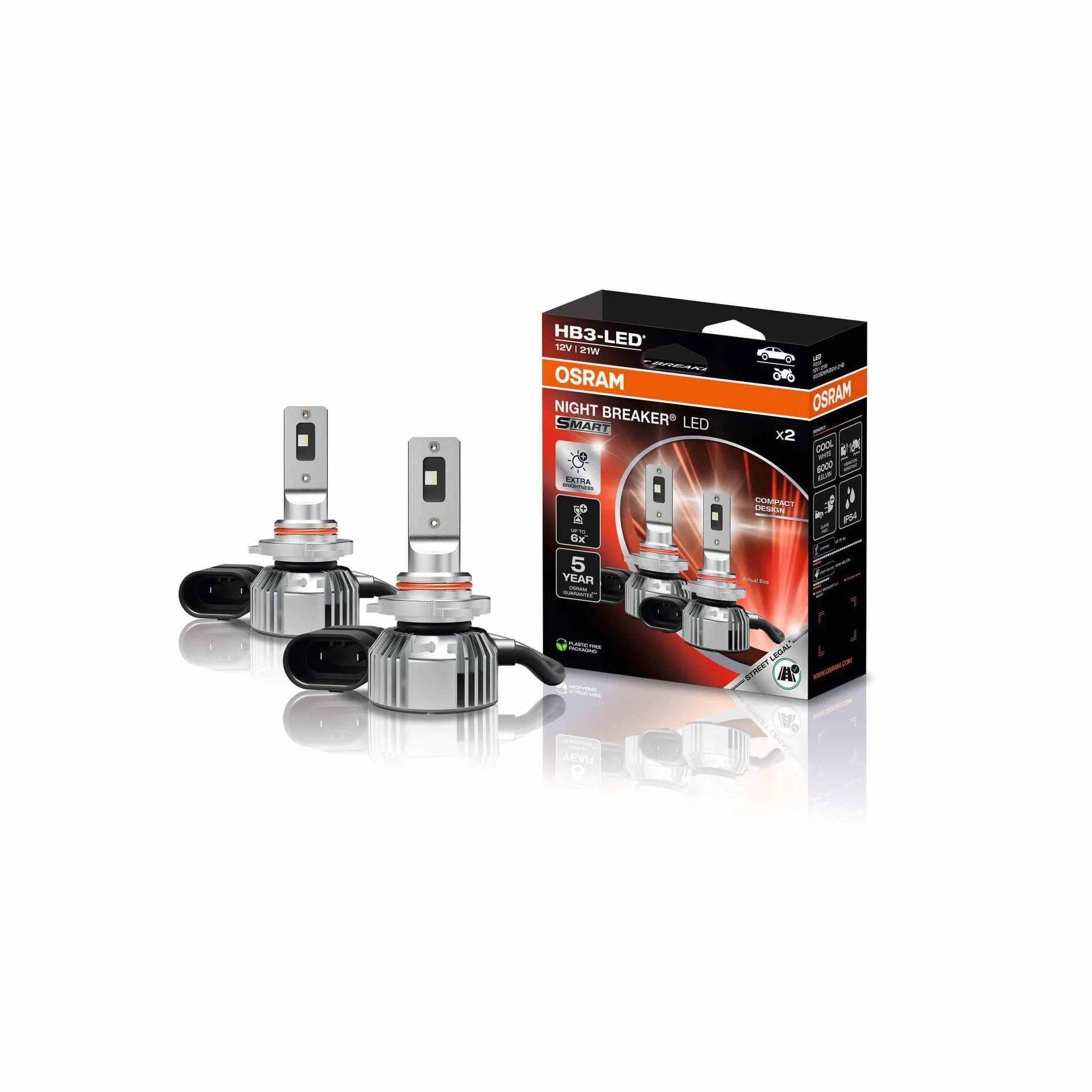 OSRAM NIGHT BREAKER LED SMART HB3; 6000K, reflektory LED ze światłem głównym i przyciemnianym, idealne do stosowania na otwartych ścieżkach; 12V