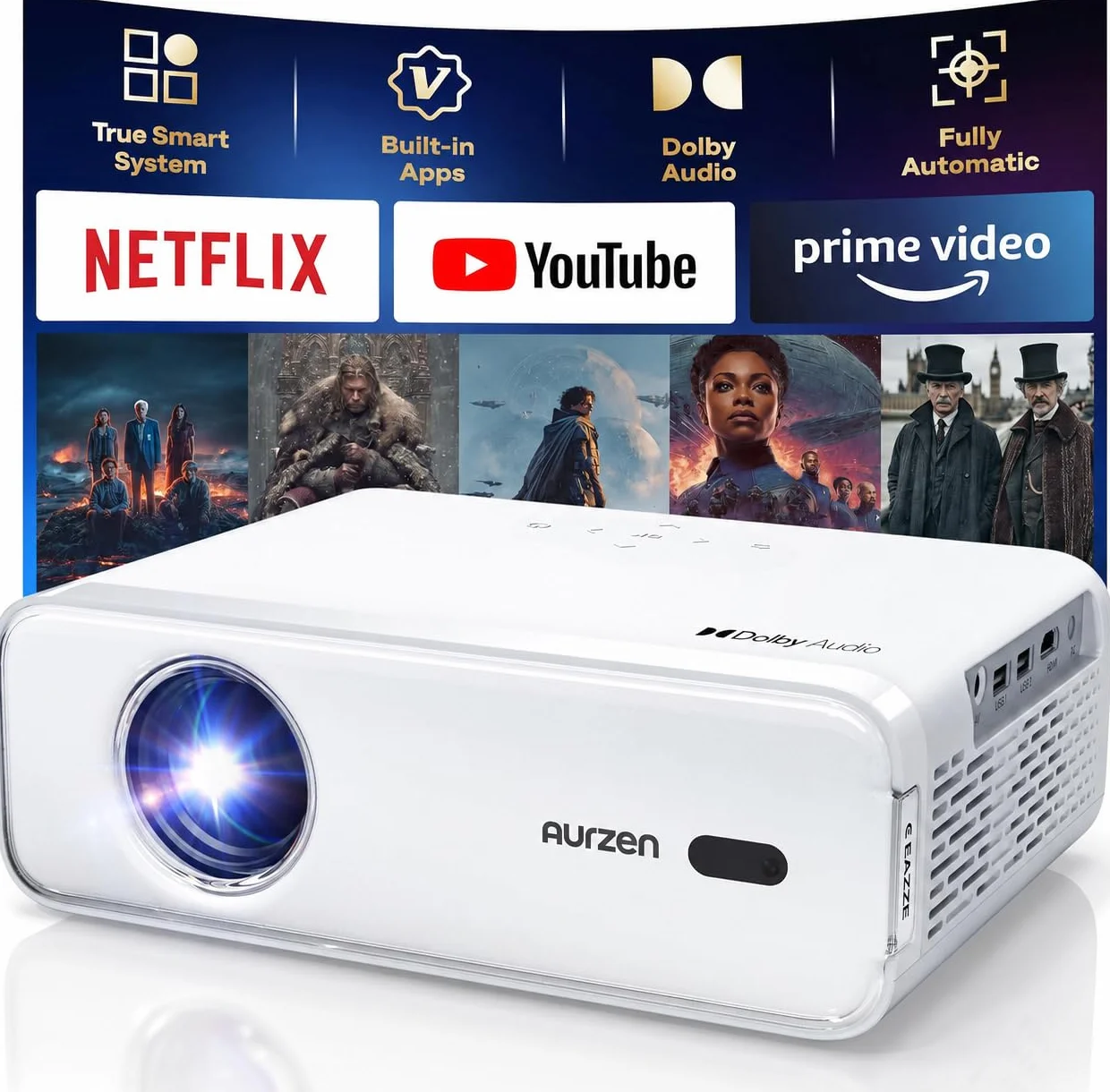 NetfIix oficjalnie i DoIby Audio] Aurzen Eazze D1 4K obsługiwany inteligentny projektor z automatyczną ostrością i automatycznym keystone, 50% zoomem, HDR 10, 60 Hz przenośny projektor do iOS/Android