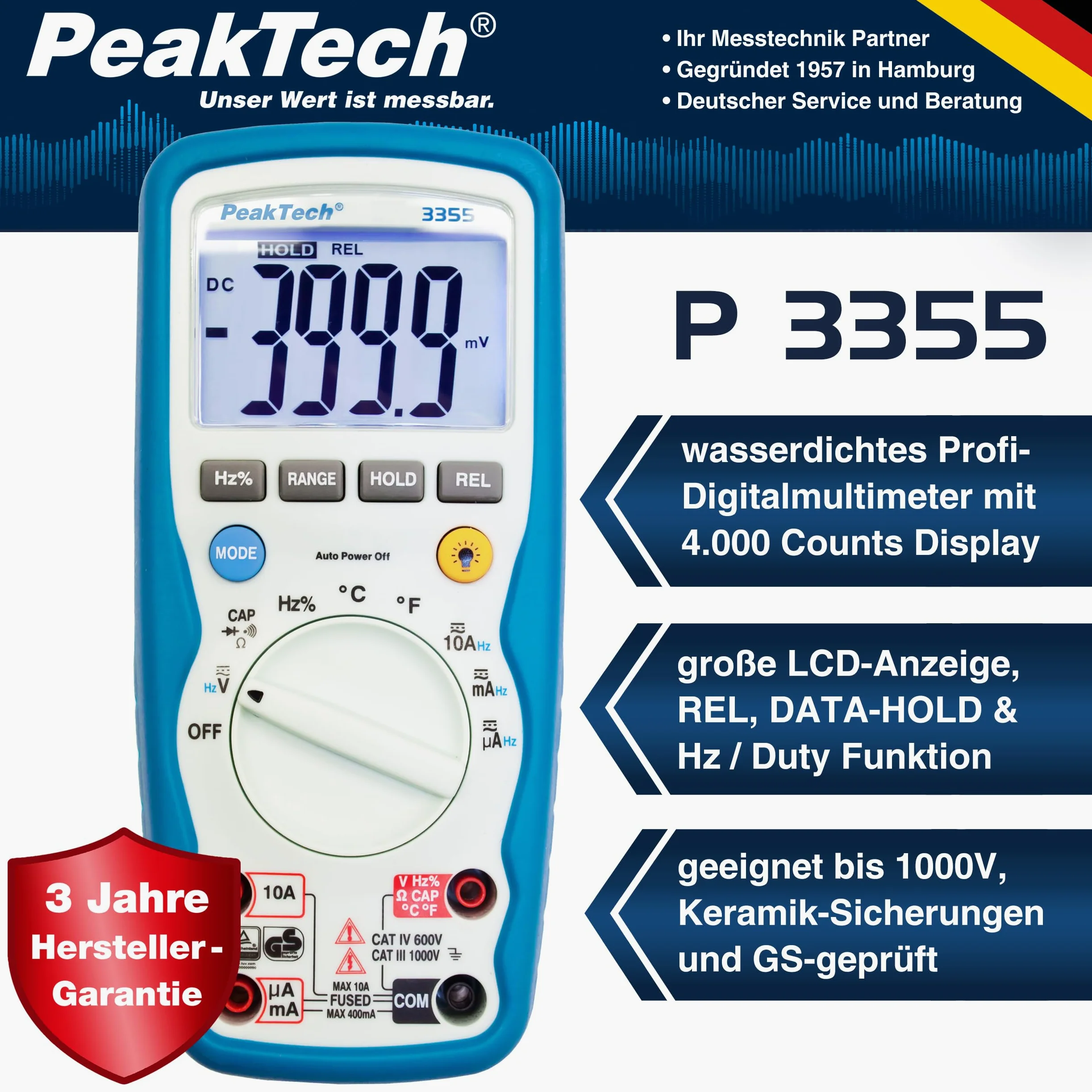 PeakTech TrueRMS P 3355 multimetr cyfrowy, wodoodporny (IP 67), 3 3/4 cyfry, CAT III 1000V/CAT IV 600V, 1 sztuka