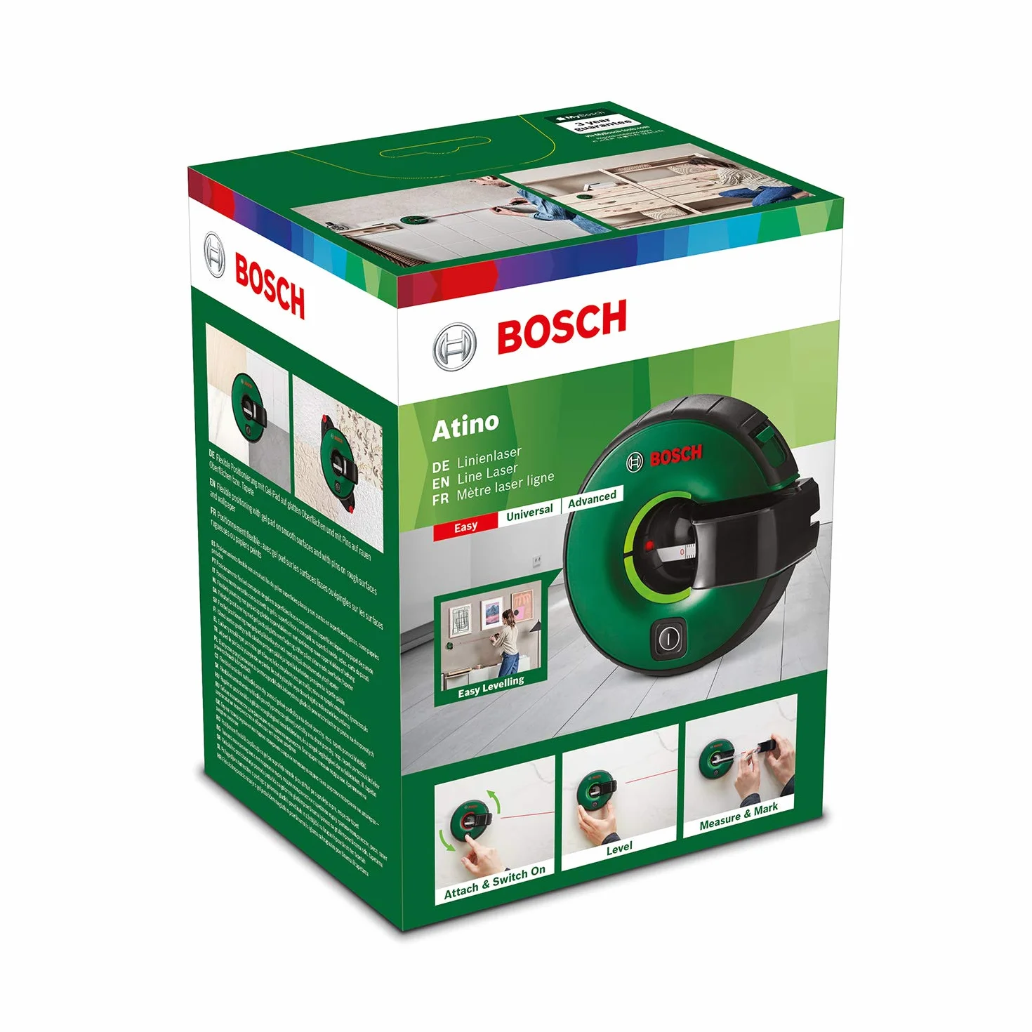 Bosch AtinoLaser liniowy 2 w 1 ze zintegrowaną taśmą pomiarową (wyrównywanie elementów w poziomie lub w pionie dzięki łatwemu zamocowaniu na gładkich i chropowatych powierzchniach)