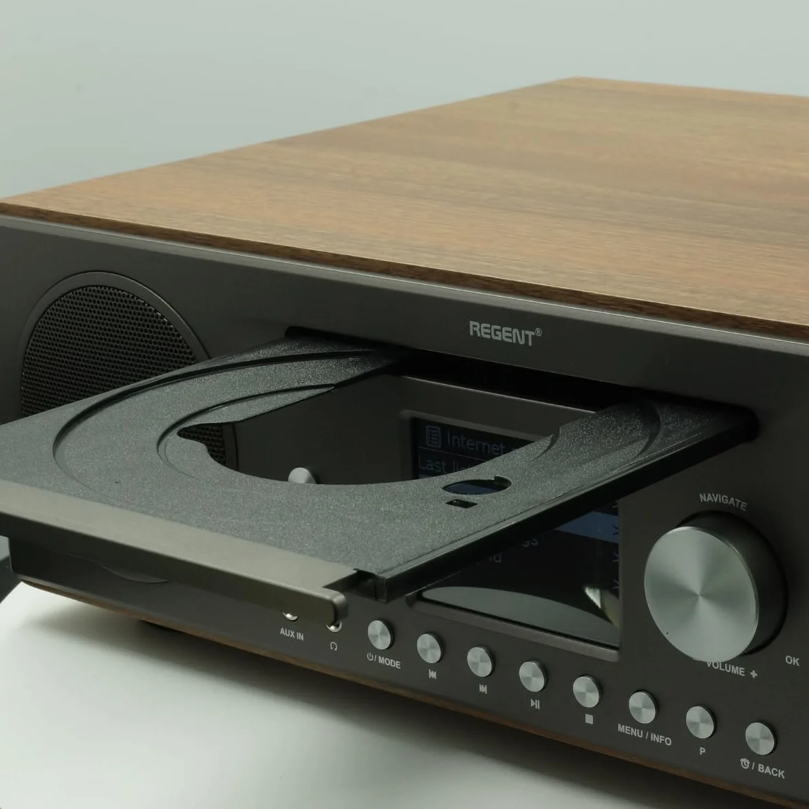 Głośnik REGENT i450s Spotify Connect DAB+ Radio internetowe Odtwarzacz CD Digital Home Stereo Hi-Fi Bluetooth FM 20, podwójny alarm i pilot Wejście AUX i USB (Ciemny Orzech)