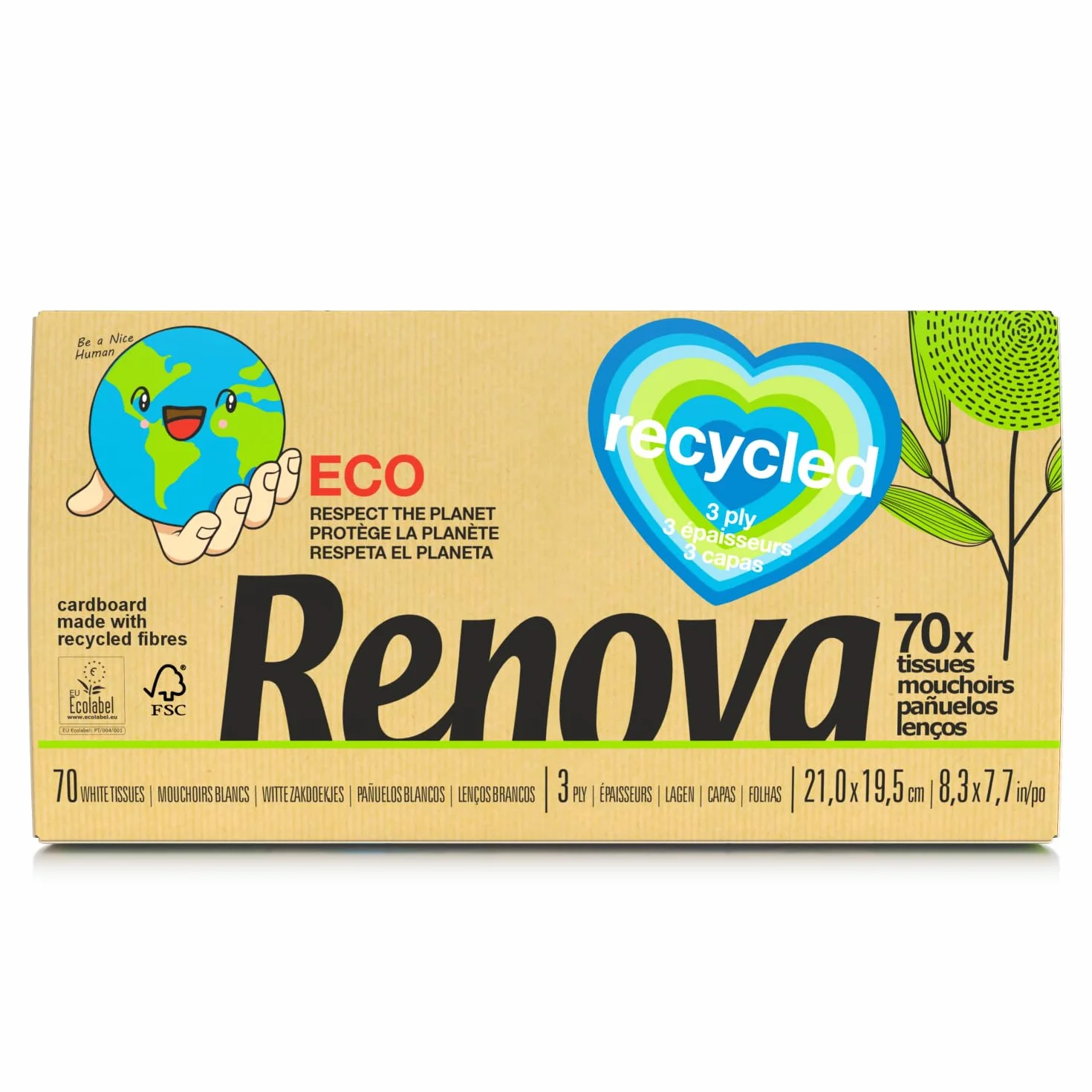 Renova Chusteczki do twarzy Renova Recycled | Opakowanie 70 chusteczek | Papier z recyklingu | Certyfikat FSC i Ecolabel