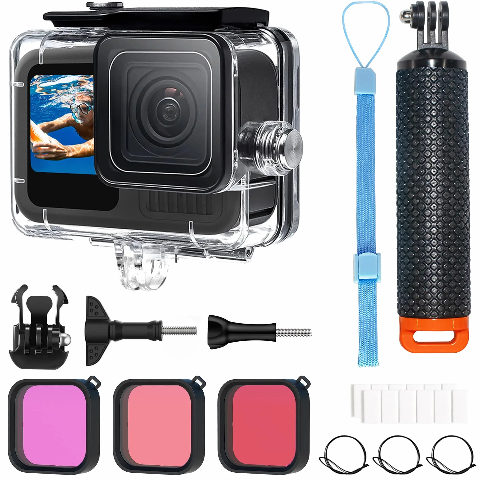 OKFUN Wodoodporny futerał z filtrami do Go Pro Hero 13-10 czarny, monopod pływający uchwyt kij do kamery sportowej