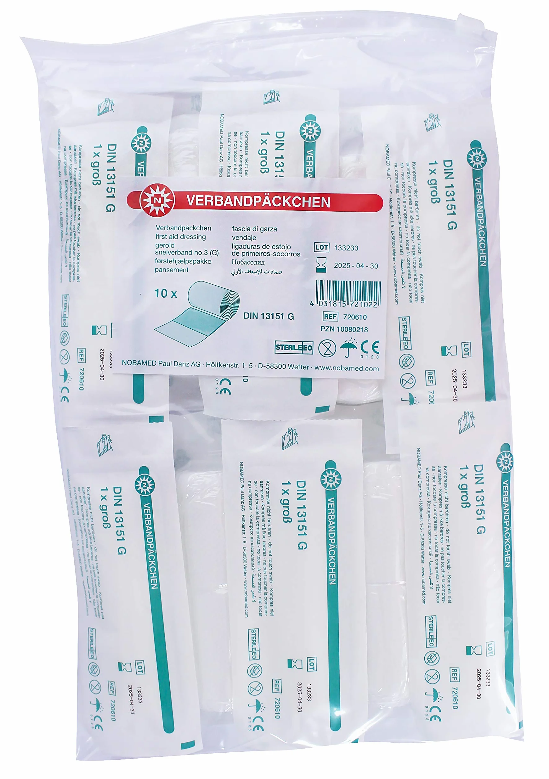 NOBA 10 x opatrunek paczki opatrunkowe opatrunek, sterylny, DIN13151 pierwsza pomoc SL - L/duży