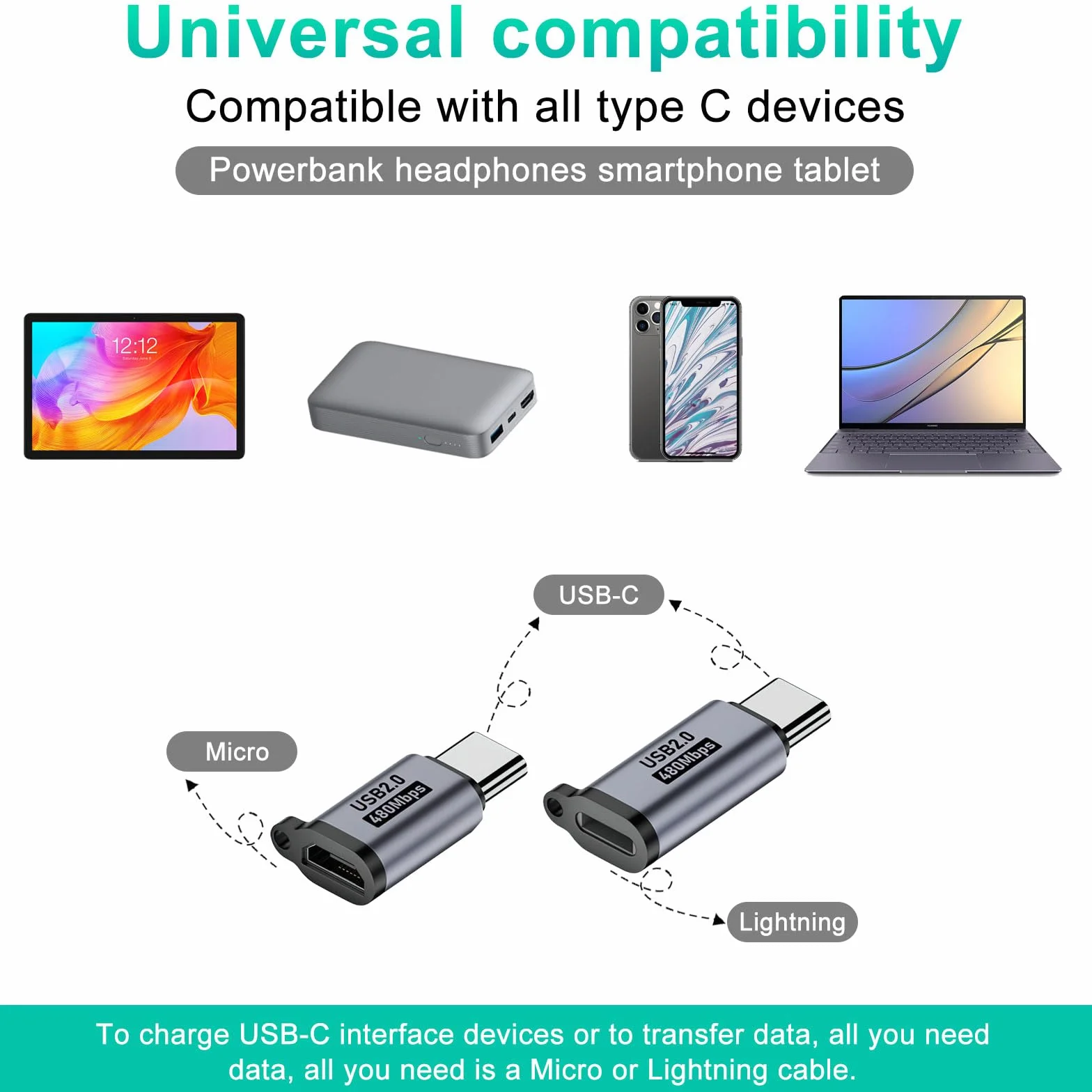 HENGBIRD 8 sztuk adapterów Lightning na USB C, USB C, micro USB, mini USB żeński na męski USB 2.0