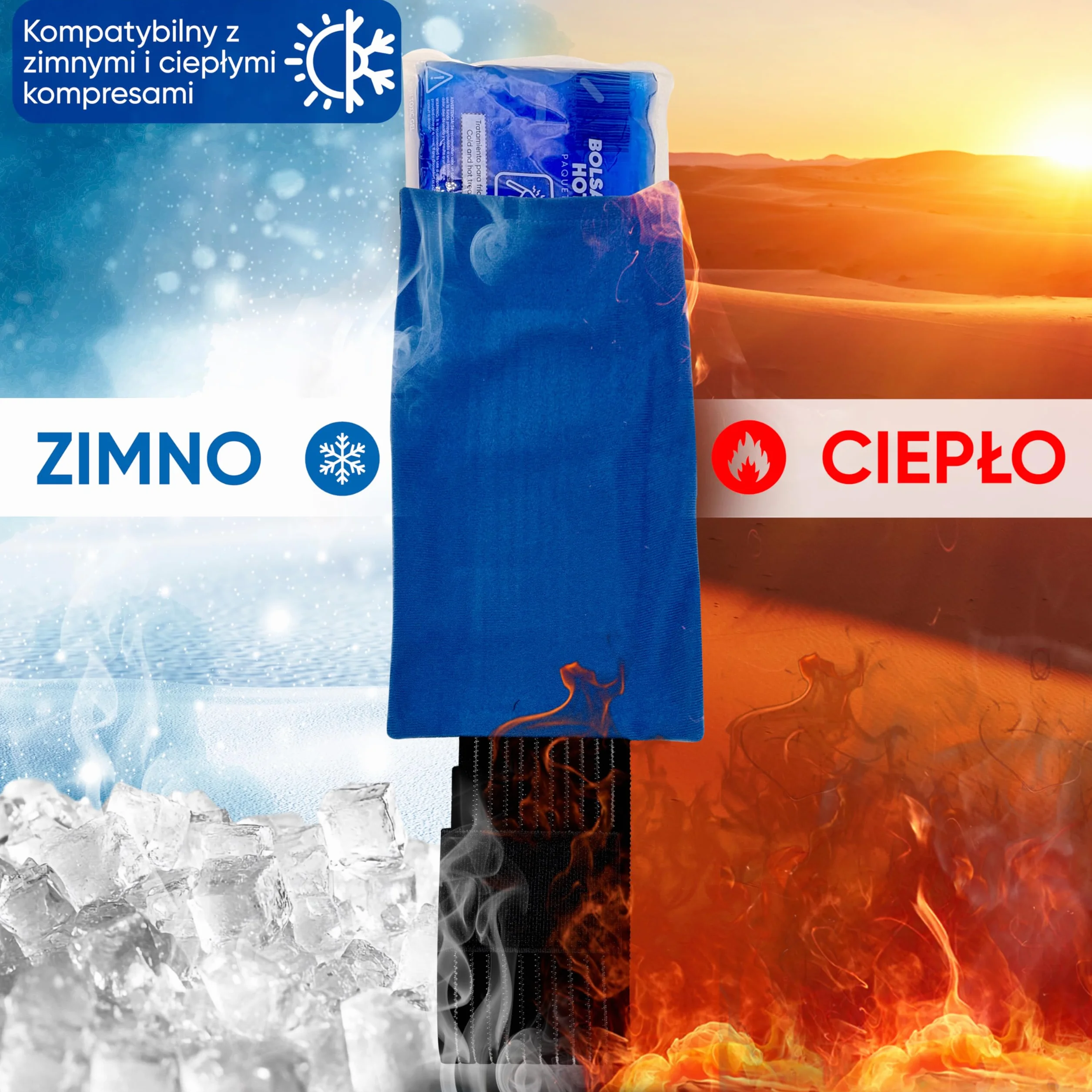 Pokrowiec na kompres żelowy zimno/ciepło 26,7×14,5 cm – wyściełany, prany i wielokrotnego użytku – regulowana elastyczna opaska (rzep) antypoślizgowa – na kolano, szyję, bark i lędźwie