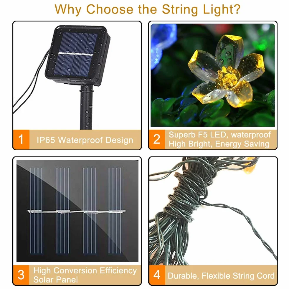 Solarny łańcuch świetlny na zewnątrz do ogrodu, 6,5 m, 50 diod LED, kwiaty, wodoodporny, zasilany energią słoneczną, łańcuch świateł, dekoracja, festiwal, kolorowe światło, na imprezę, ślub, patio, Boże Narodzenie, dekoracja, wielokolorowa