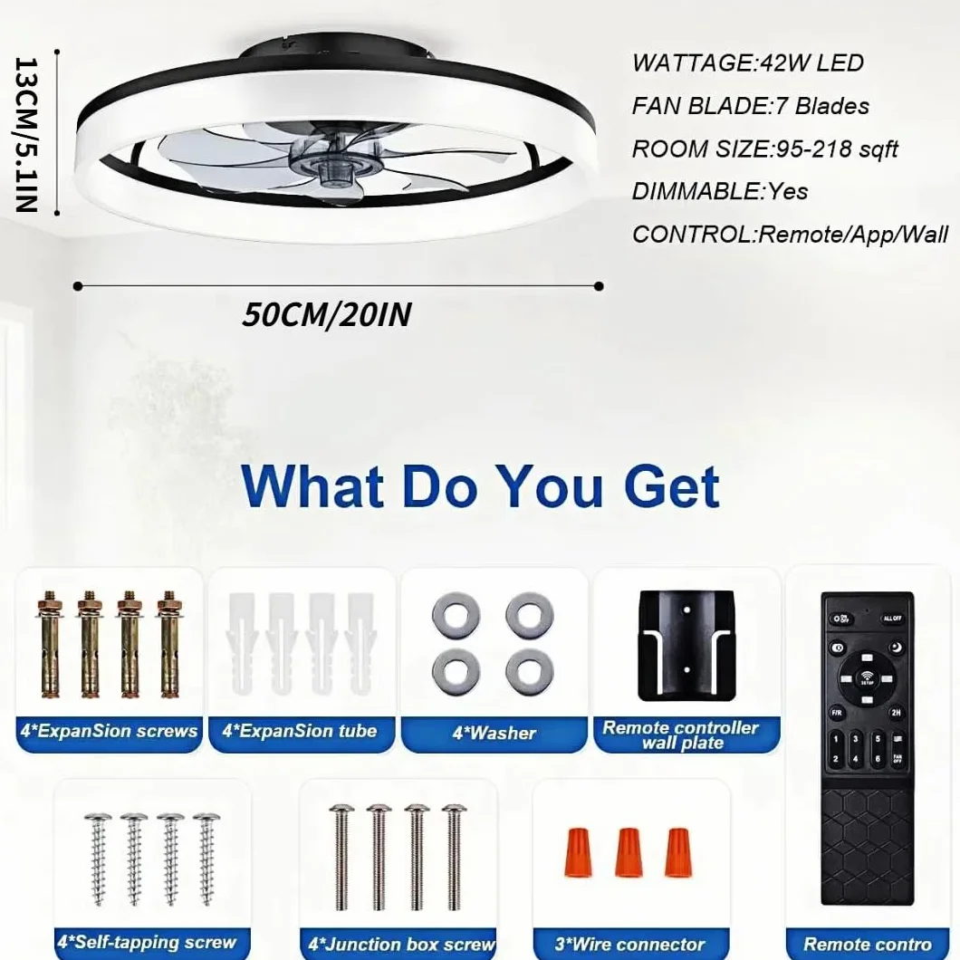 Wentylator sufitowy z oświetleniem, 50 cm, 48 W, 220 V, ściemniana, lampa sufitowa z pilotem zdalnego sterowania i aplikacją, 6 prędkości, z wentylatorem, timerem, do sypialni, salonu, czarny