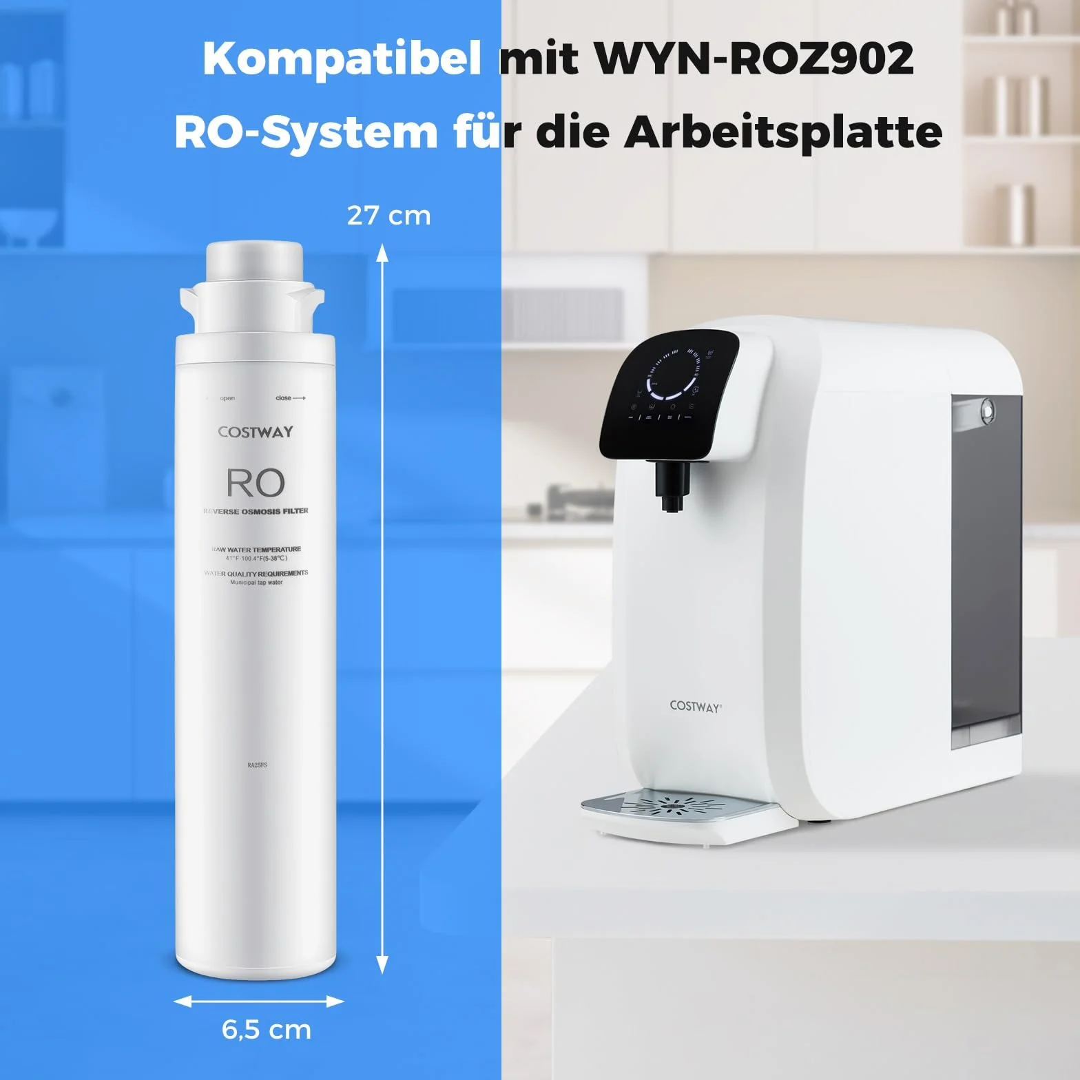 COSTWAY Filtr RO zamiennik do systemu odwróconej osmozy stołowej, 0,0001 mikrona, usuwa ponad 95% TDS i metali ciężkich, instalacja zamka obrotowego, żywotność 6-12 miesięcy