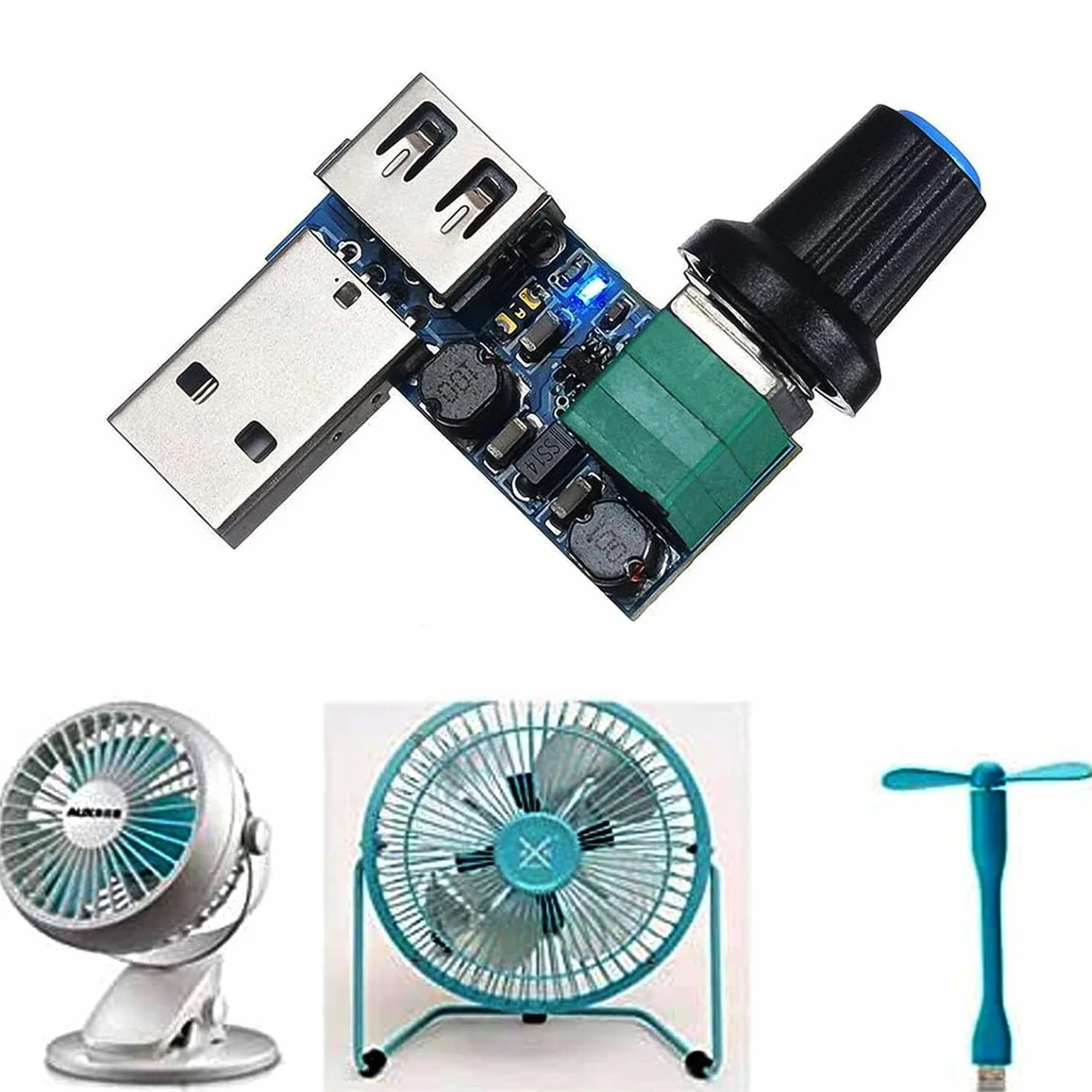 RUNCCI-YUN 4 szt. 5 W USB Regulator prędkości wentylatora, DC 5V bezstopniowy USB Regulator wentylatora DC 5-12 V do 2,5-7,5 V Pokrętło regulacji prędkości regulatora z przełącznikiem