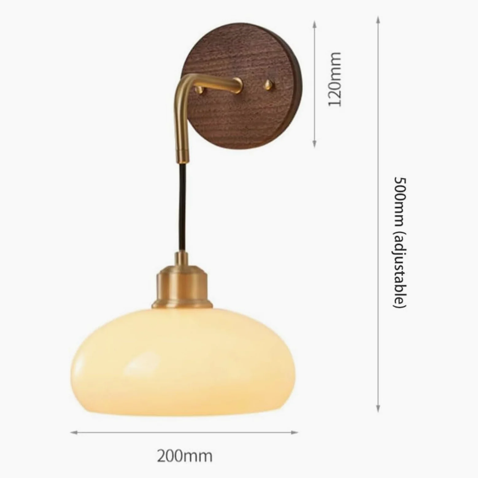 Regulowana Lampa ścienna W Stylu Retro Z Orzecha Włoskiego, Z Mosiężną Podstawą E27, Wiszącym Kloszem Z Kremowego Szkła, Odpowiednia Do Oświetlenia Ogrodu (1 Pack)