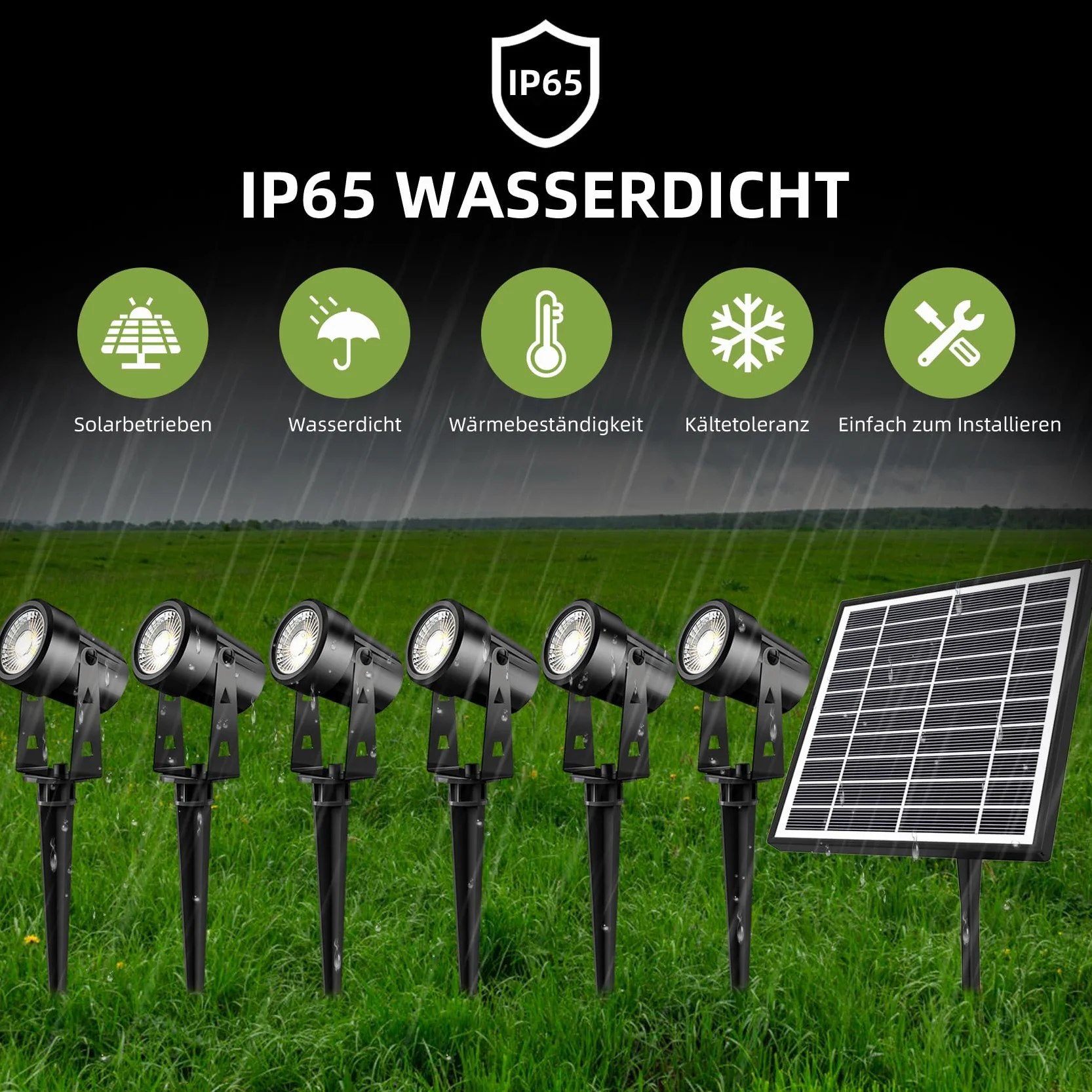 Zewnętrzna lampa solarna, 6 w 1, wodoodporna lampa solarna IP65, solarny reflektor LED, 4 jasności, ciepła biel 3000 K, do ogrodu, na patio, drzewa
