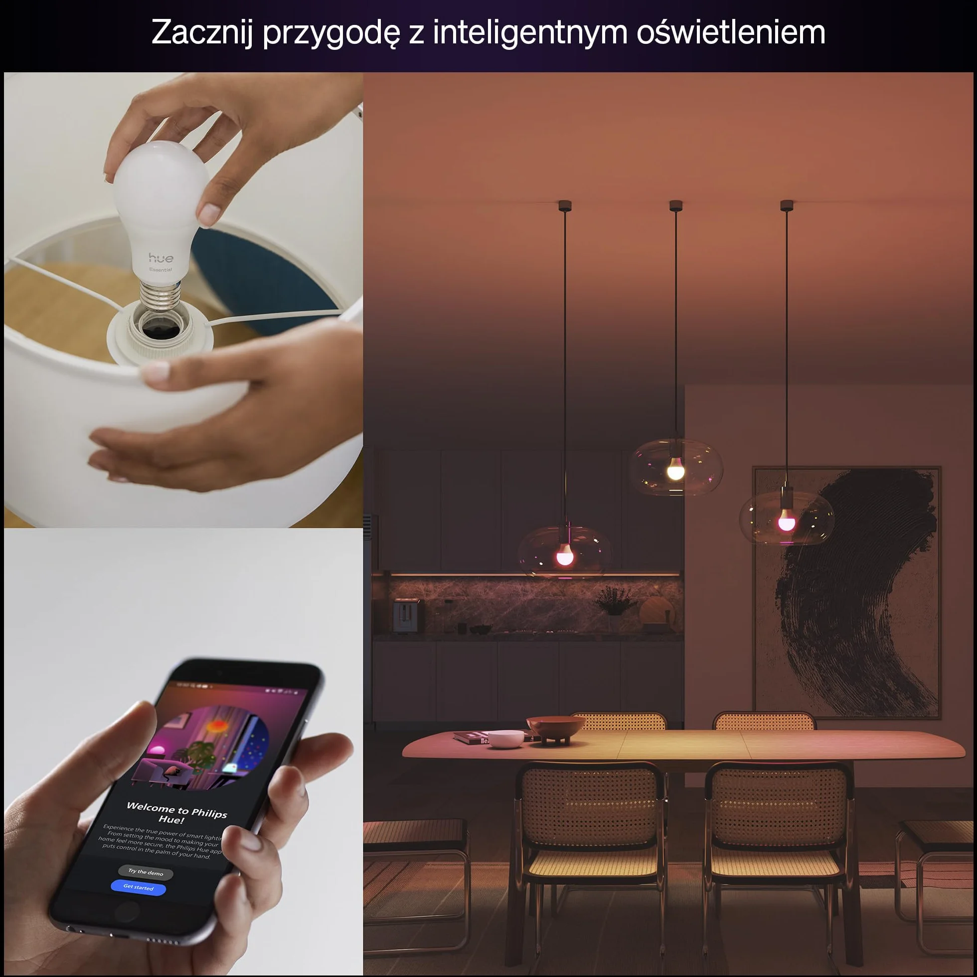 Inteligentna Żarówka Philips Hue LED Essential Smart A60, White & Colour Ambiance, E27, 8 W, 2200K–6500K, 806 lumenów, przyciemnianie, Żarówka LED działa z Alexą, Asystentem Google i Apple Home, 1 szt
