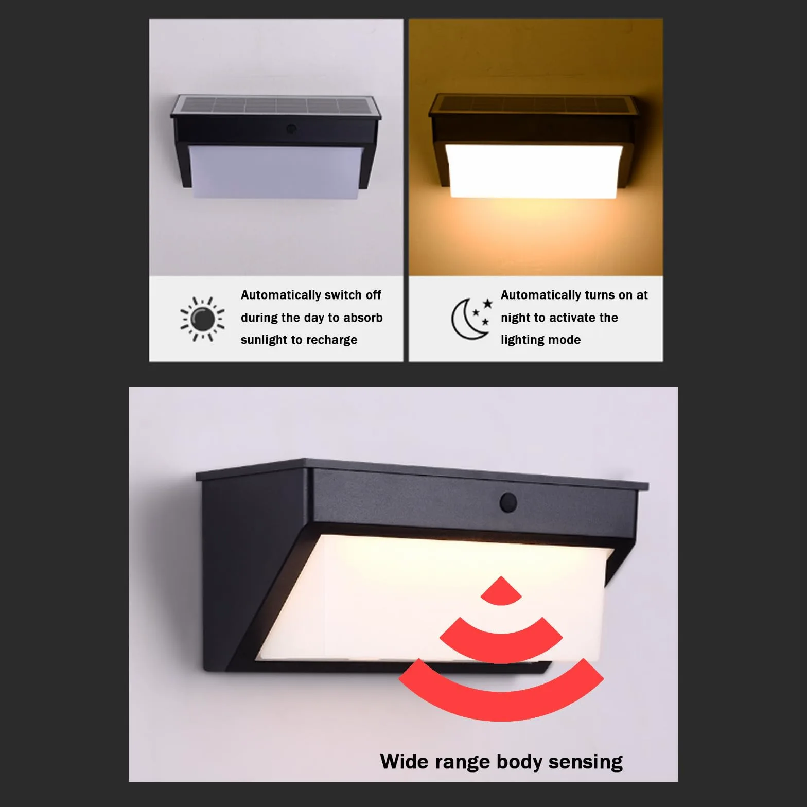 Zewnętrzna solarna lampa ścienna z czujnikiem ruchu Lampa ścienna IP65, wodoodporna lampa ścienna IP65, czarna LED, akumulator, dekoracja ogrodowa, na taras, wejście (26 cm, ciepłe światło)