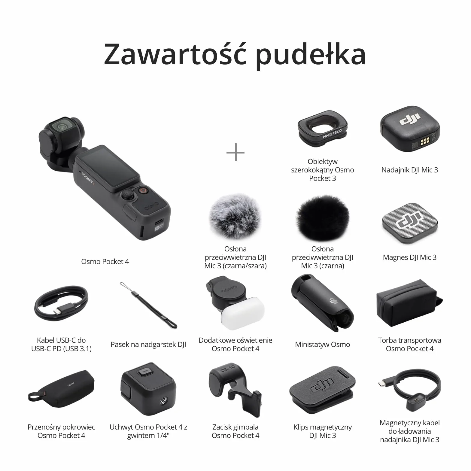 DJI Osmo Pocket 4 Creator Combo, kieszonkowa kamera Vlog, 1″ CMOS, 4K/240 kl./s, stabilizacja 3-osiowa, 107 GB