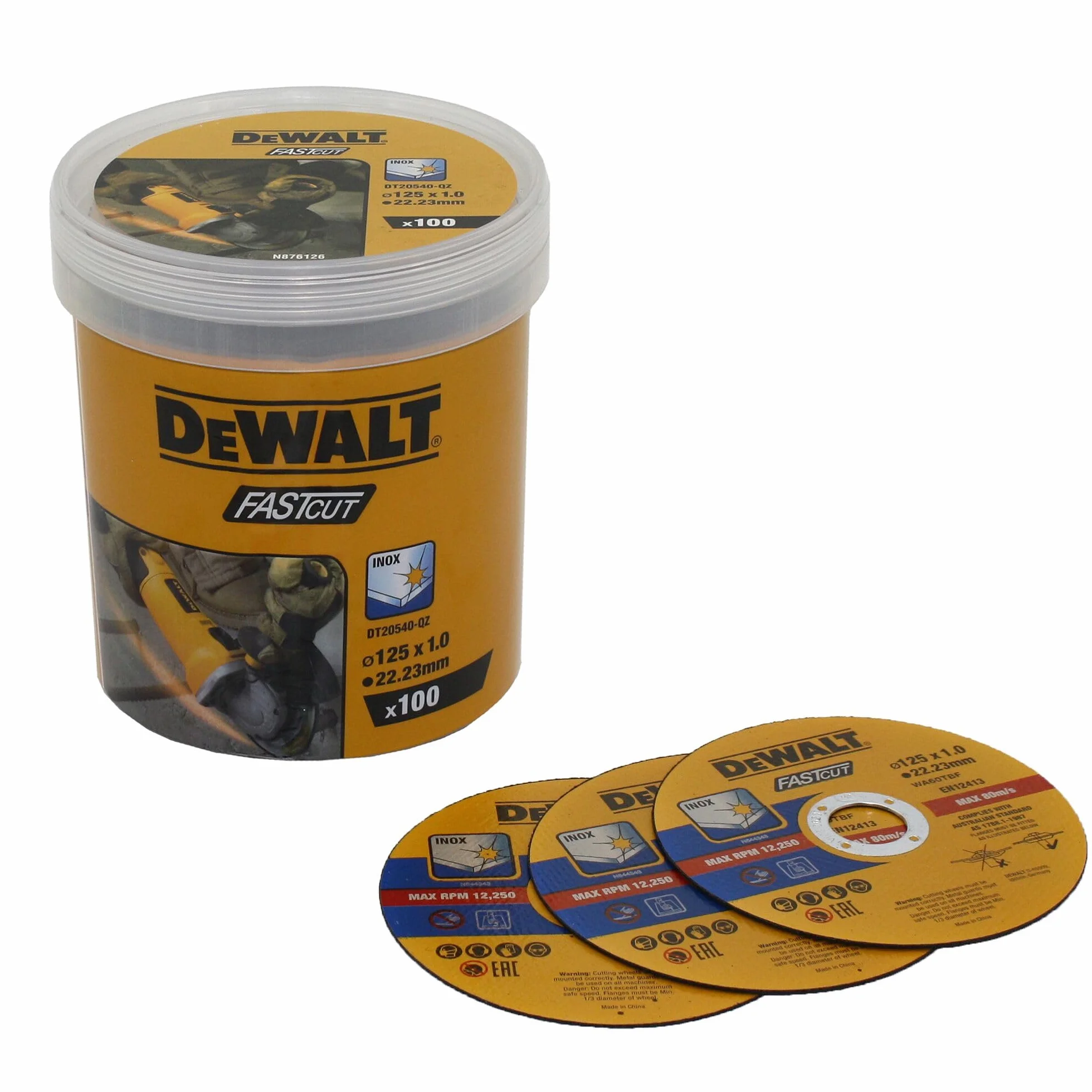 Dewalt High Performance tarcze tnące DT20540 (Ø 125 mm x 1,0 mm, typ 41 (płaskie), otwór 22,23 mm, do stali Inox, z tlenkiem glinu, do stosowania na szlifierkach kątowych, 100 sztuk w wiaderku)