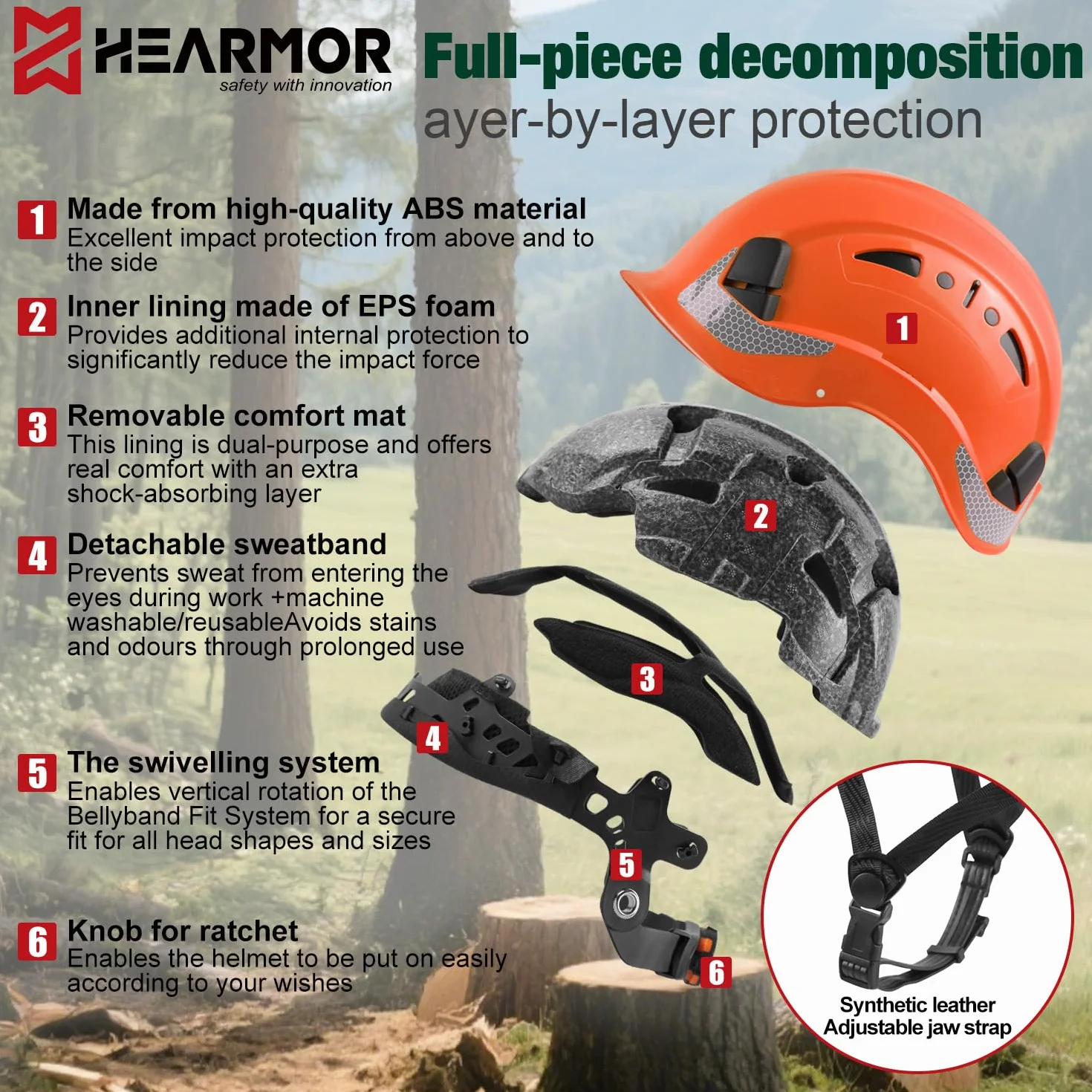 HEARMOR Mervex Forest Air kask ochronny ABS do wysokich miejsc pracy w obszarze leśnym, certyfikat EN12492, certyfikat EN397, amortyzacja uderzeń i odporność na penetrację, kask dla pracowników