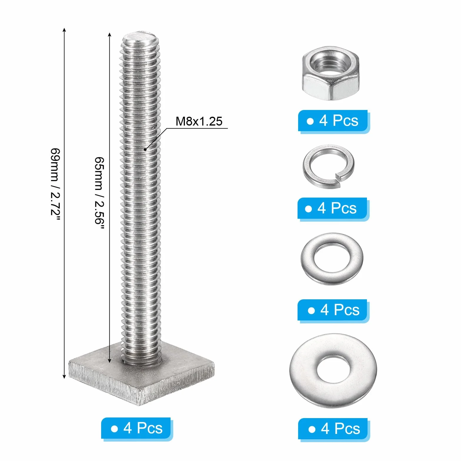 PATIKIL Adapter T-Nut Kamienie rowkowe M8 x 65 mm, 4 zestawy bagażników ze stali nierdzewnej, kamienie rowkowe, śruby z nakrętką, podkładki, do bagażników relingowych, rowerowych, bagażników dachowych