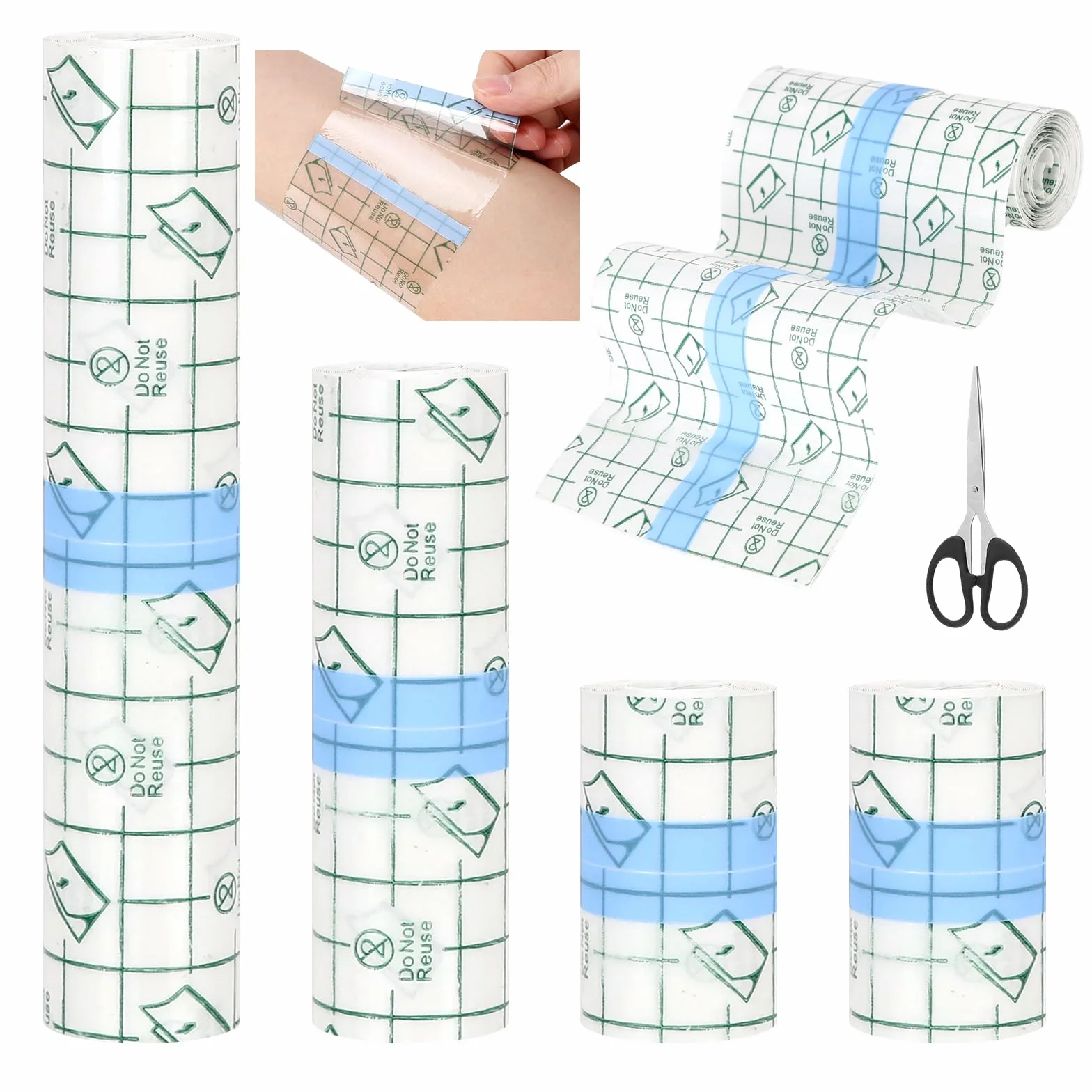 4 rolki folii do tatuażu drugiej skóry, 15 cm/10 cm/5 cm x 2 m, wodoszczelna, przycinana bandaż do tatuażu drugiej skóry, uzdrawiająca, wodoodporna taśma klejąca do ochrony skóry, pod prysznic