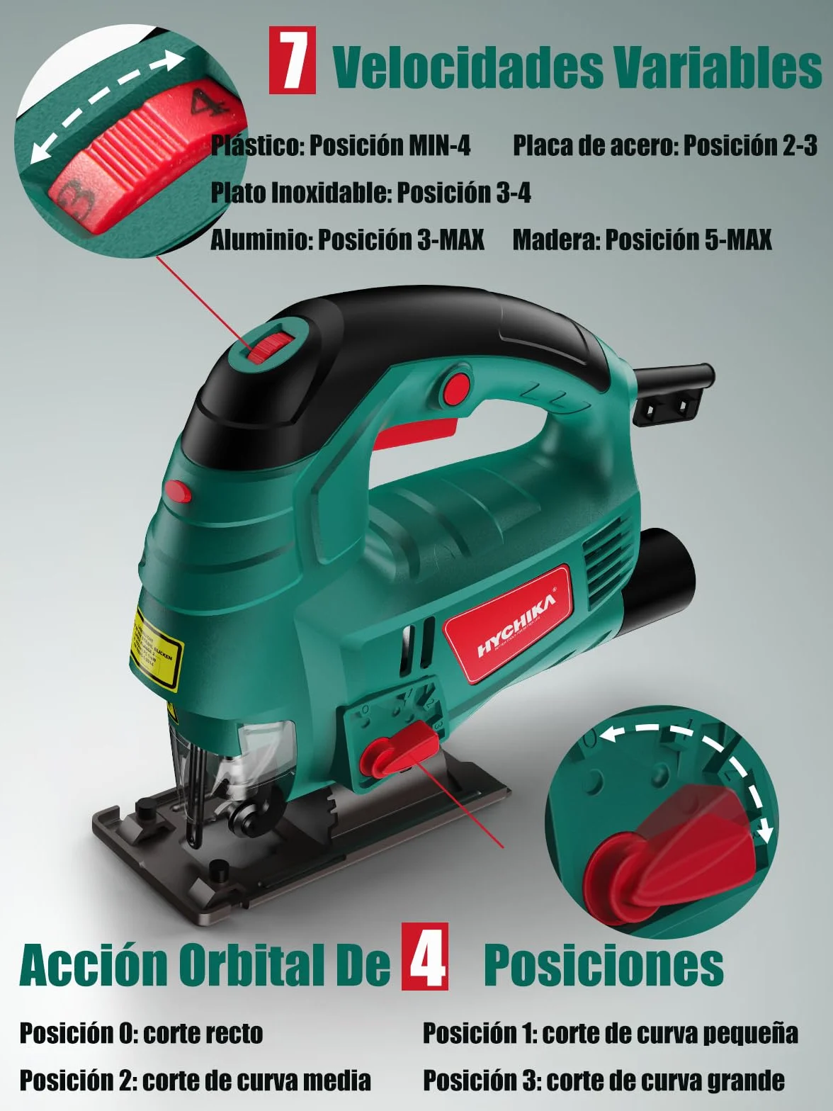 Wyrzynarka HYCHIKA 800W, z mocnym silnikiem miedzianym, 800-3000RPM obrotów na minutę z 7 zmiennymi prędkościami, 4 zestawy orbit, kąt nachylenia ±45°, 6 brzeszczotów, przewód 2 metry